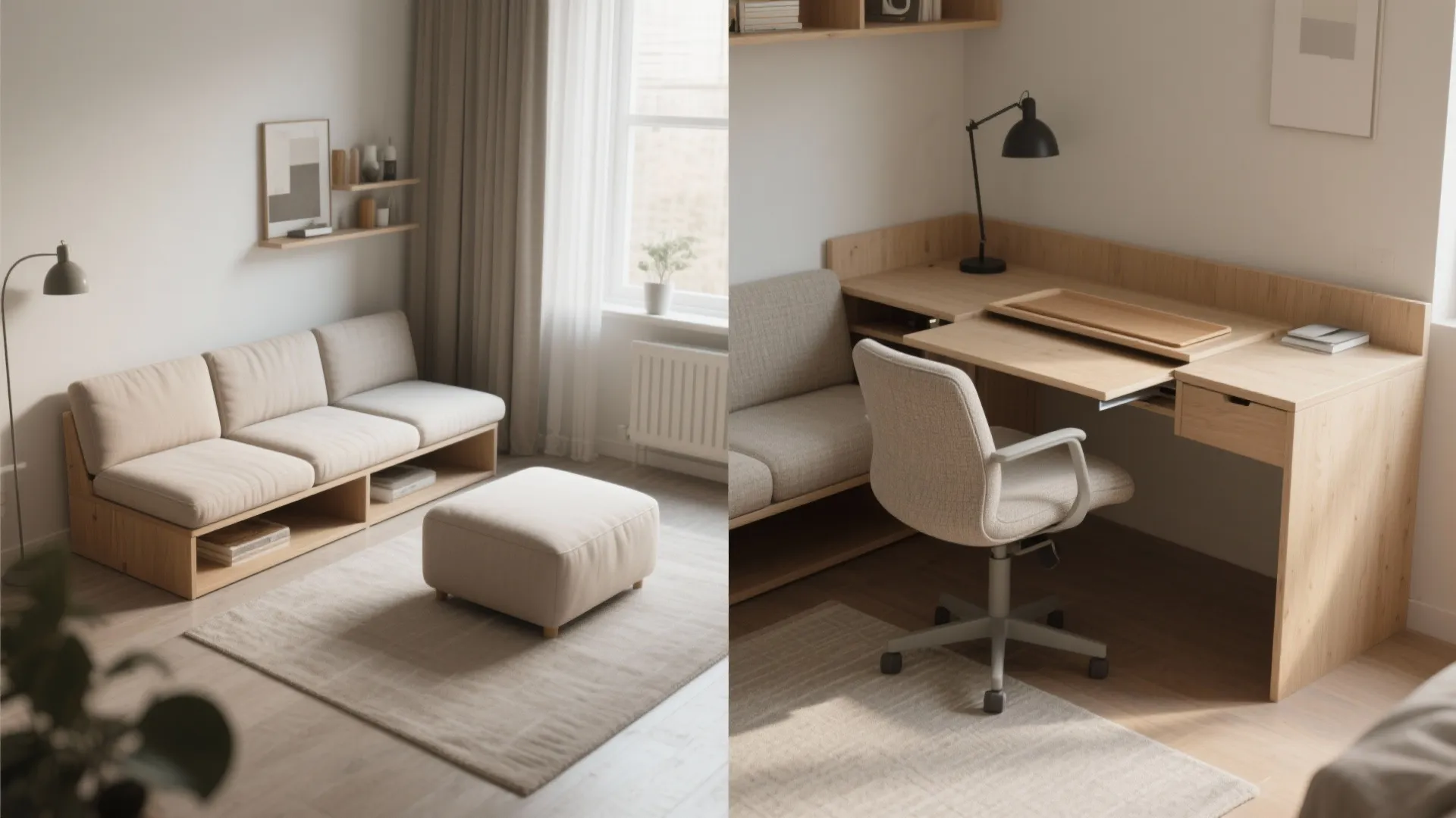 Comparison showing a wooden sofa on left and a study desk with chair on right