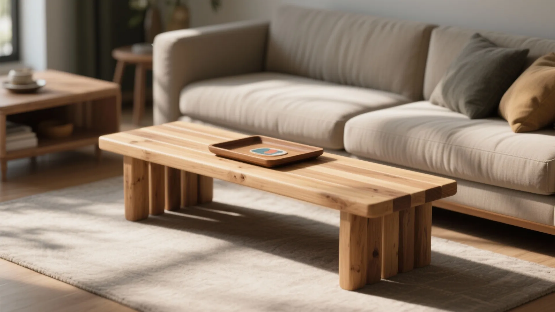 Low narrow bench used as a coffee table with a tray on top, showing sturdy kid-friendly design and room proportion.