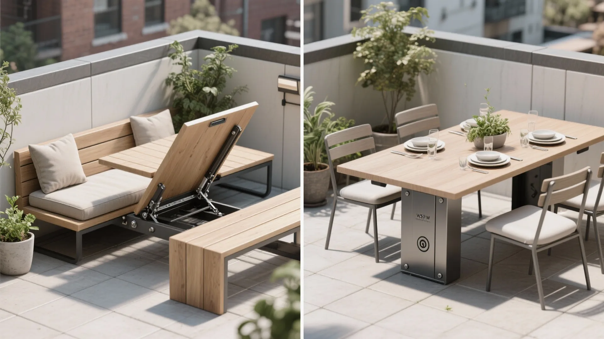 Convertible bench shown in both bench and table positions with visible hinge mechanism.