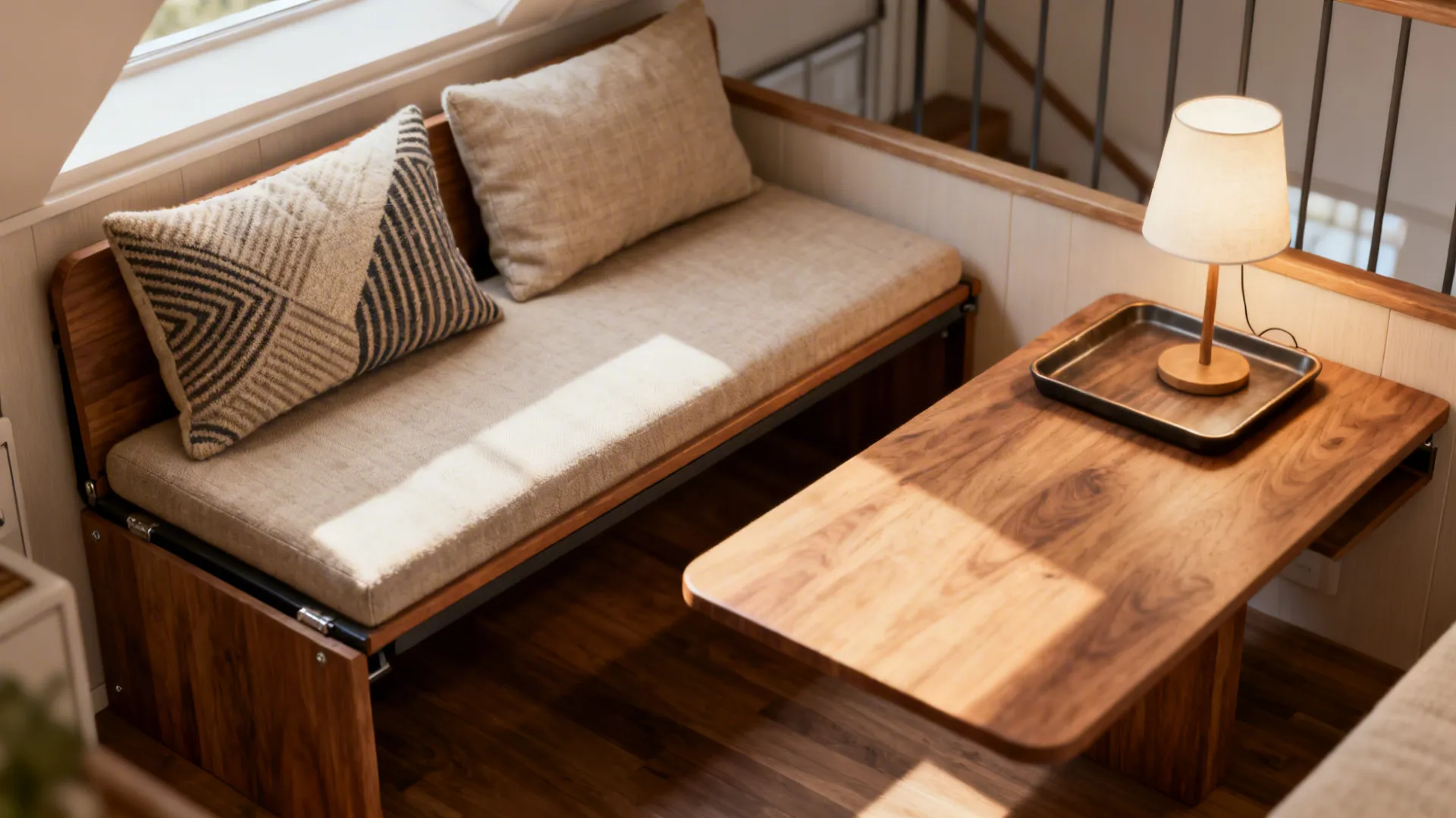 Convertible bench that transforms into a side table in a small loft