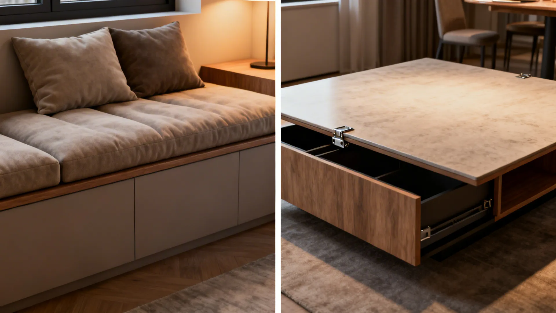 Convertible bench that flips into a table, showing before and after in a studio apartment.