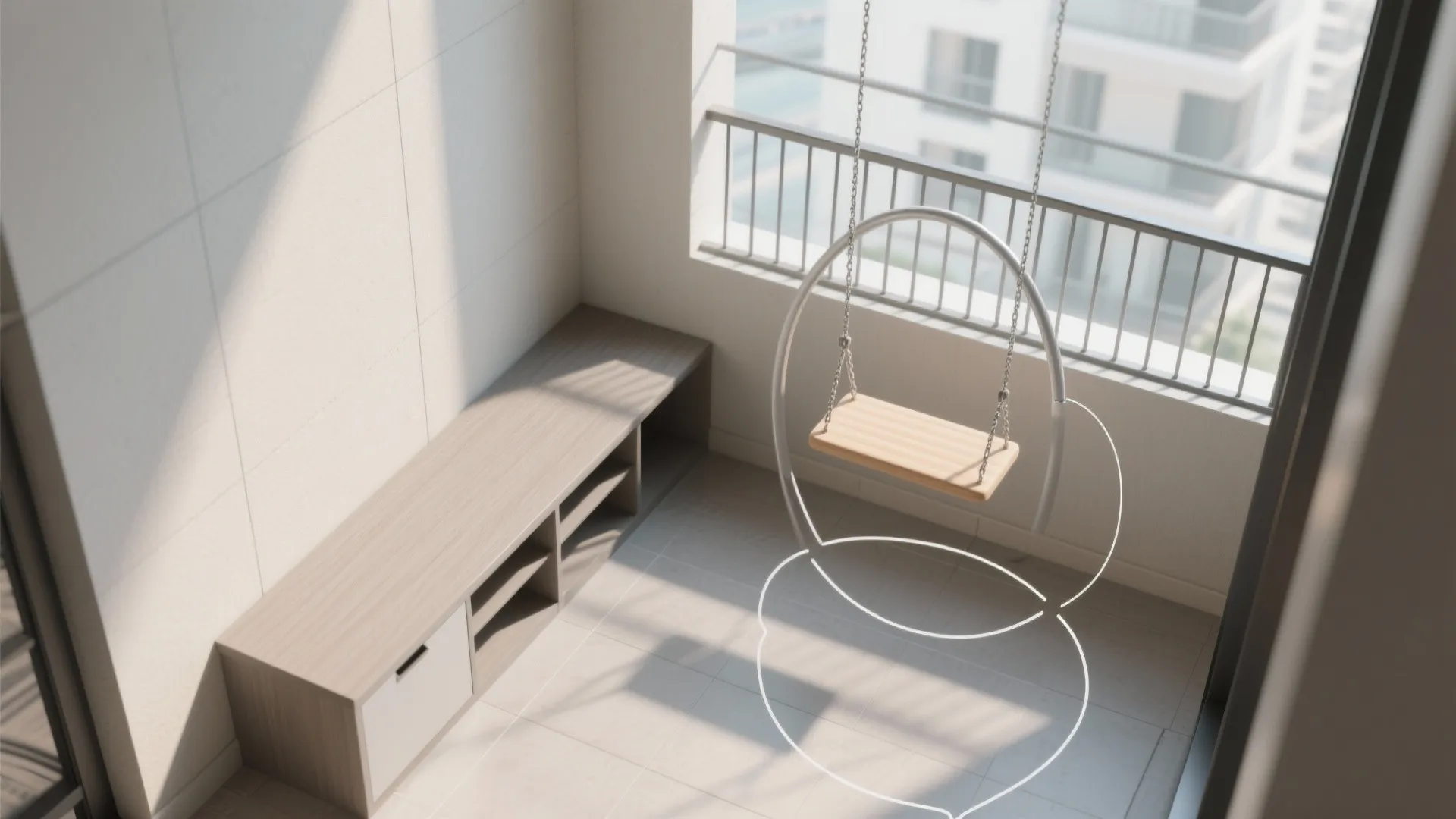 Modern balcony with a wooden storage cabinet and metal hanging swing chair in bright natural light