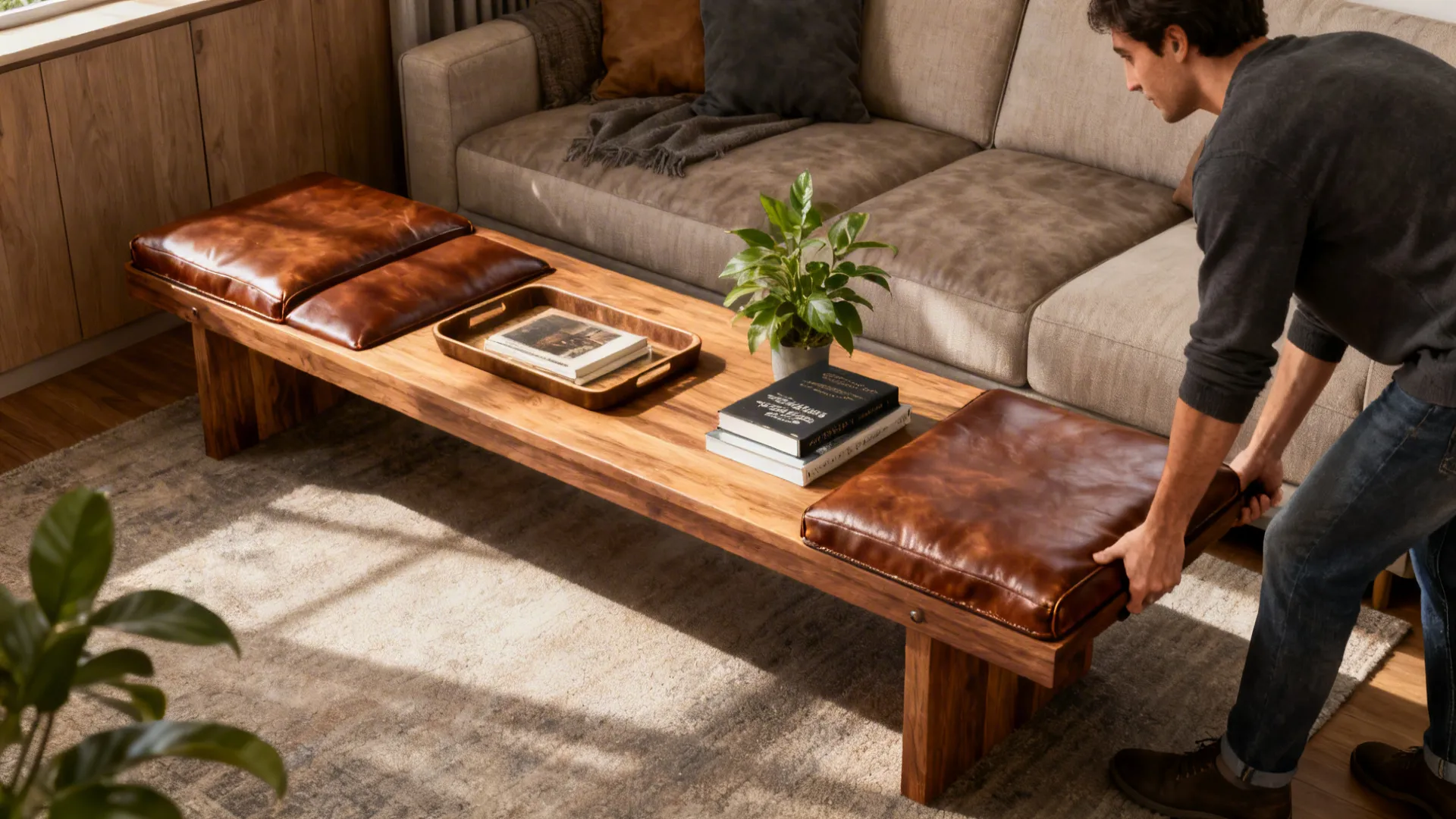Low bench-style table behind a sofa used as seating and display, with leather cushion and wooden top.