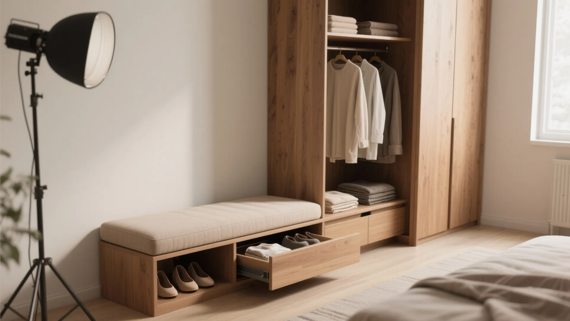 5. Low Bench-Top Wardrobe with Shoe Storage