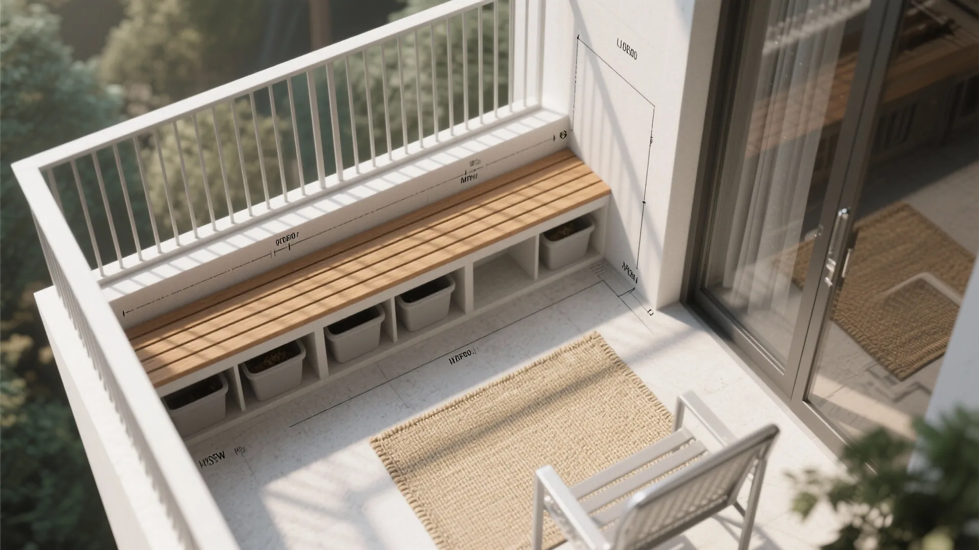 Top down interior design drawing of a balcony featuring a wooden bench and floor rug