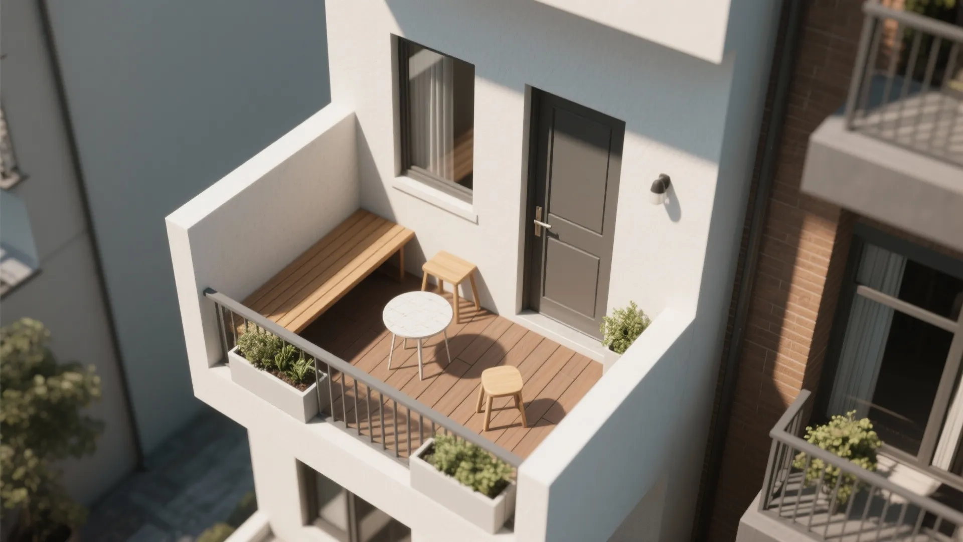 Modern balcony with wood floor, bench, white table, small stools, green plants, and grey door