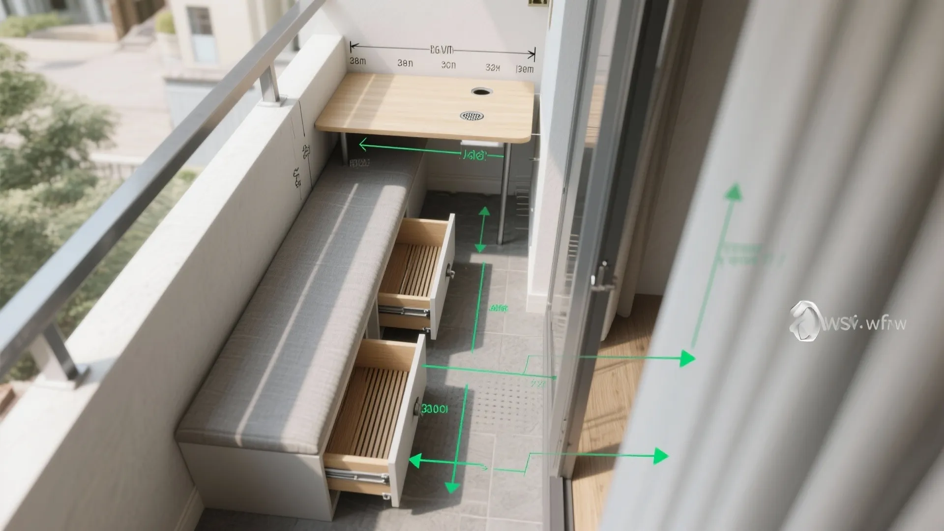Minimalist Balcony Storage and Bench Seating