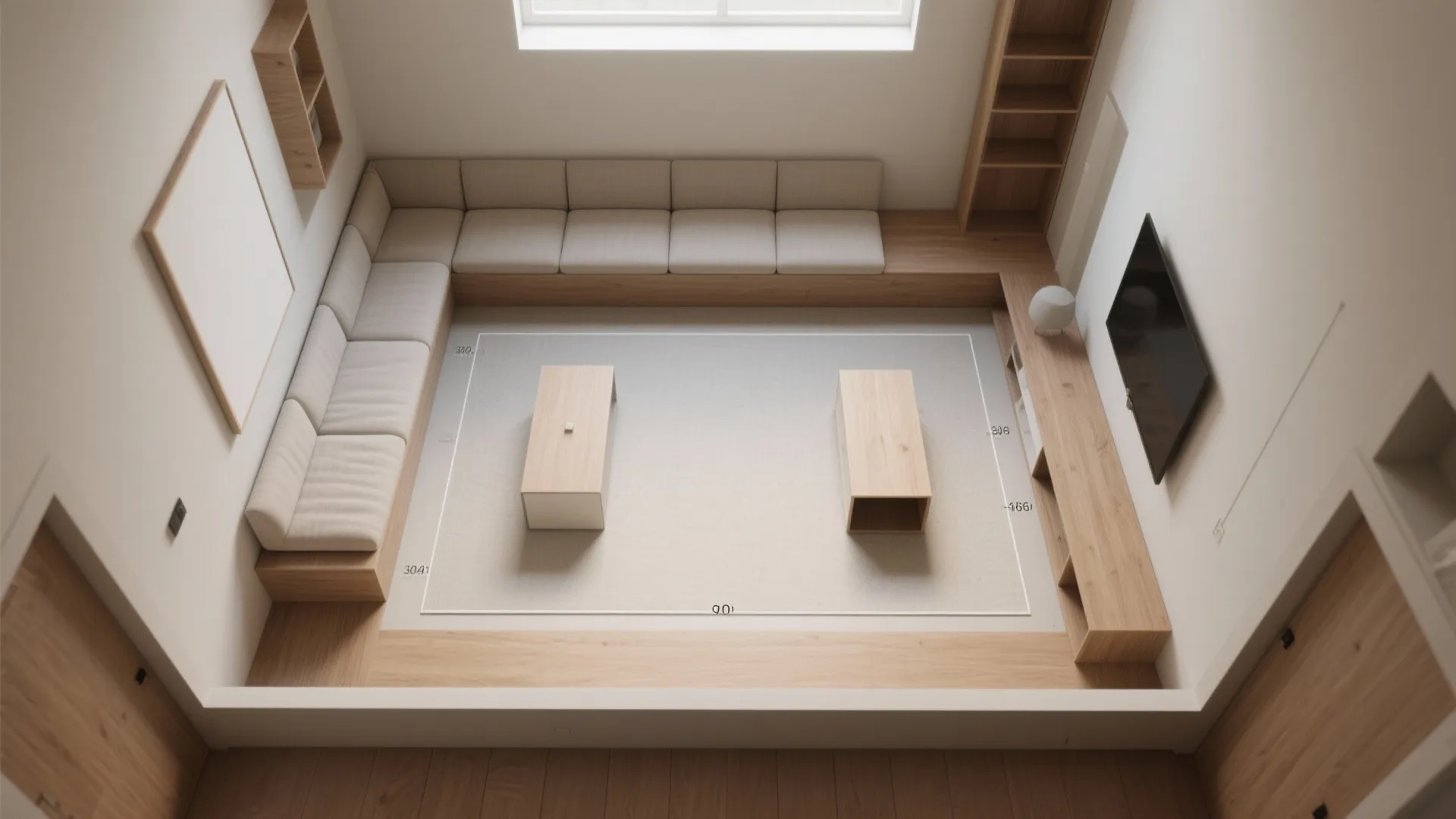 Top-down plan showing a slim bench along the walls and clear central circulation in a small living room.