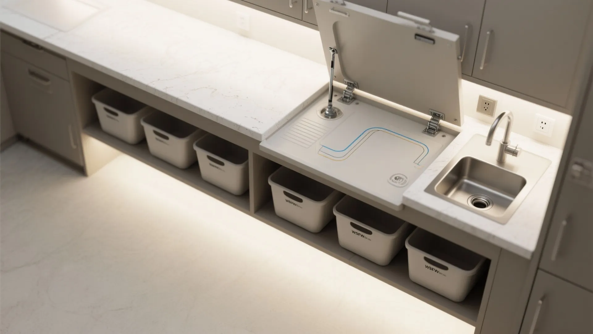 Hybrid Bench Cabinets with Hidden Power and Drain