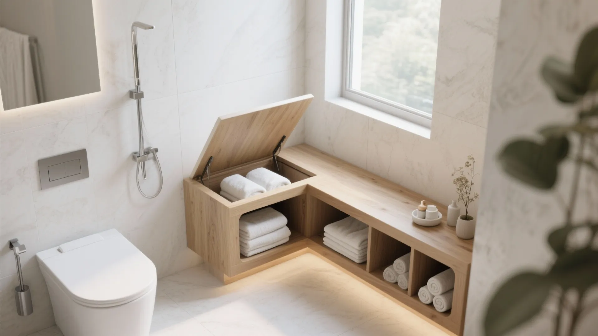 Modern bathroom featuring wooden bench with storage compartments for folded white towels near white toilet