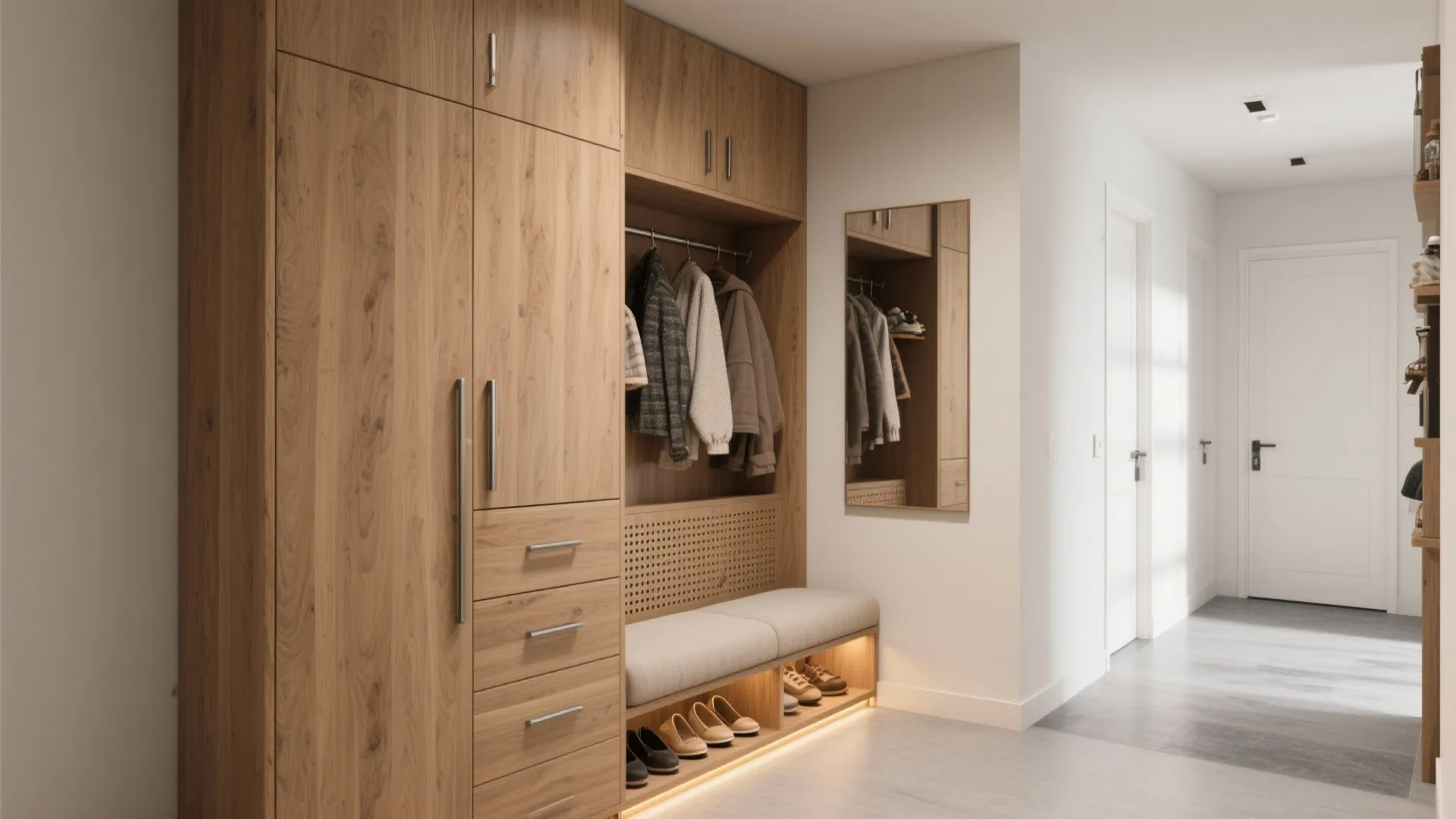 Floor-to-Ceiling Storage with a Built-In Bench