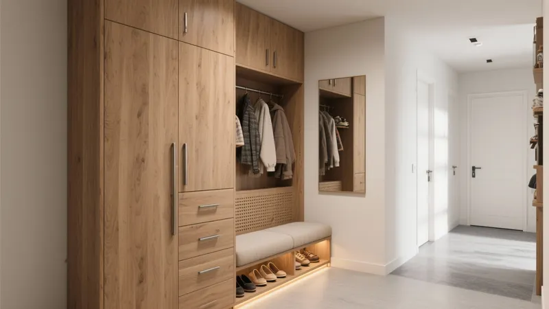 Modern Wooden Entryway Closet with Bench & LED Lighting