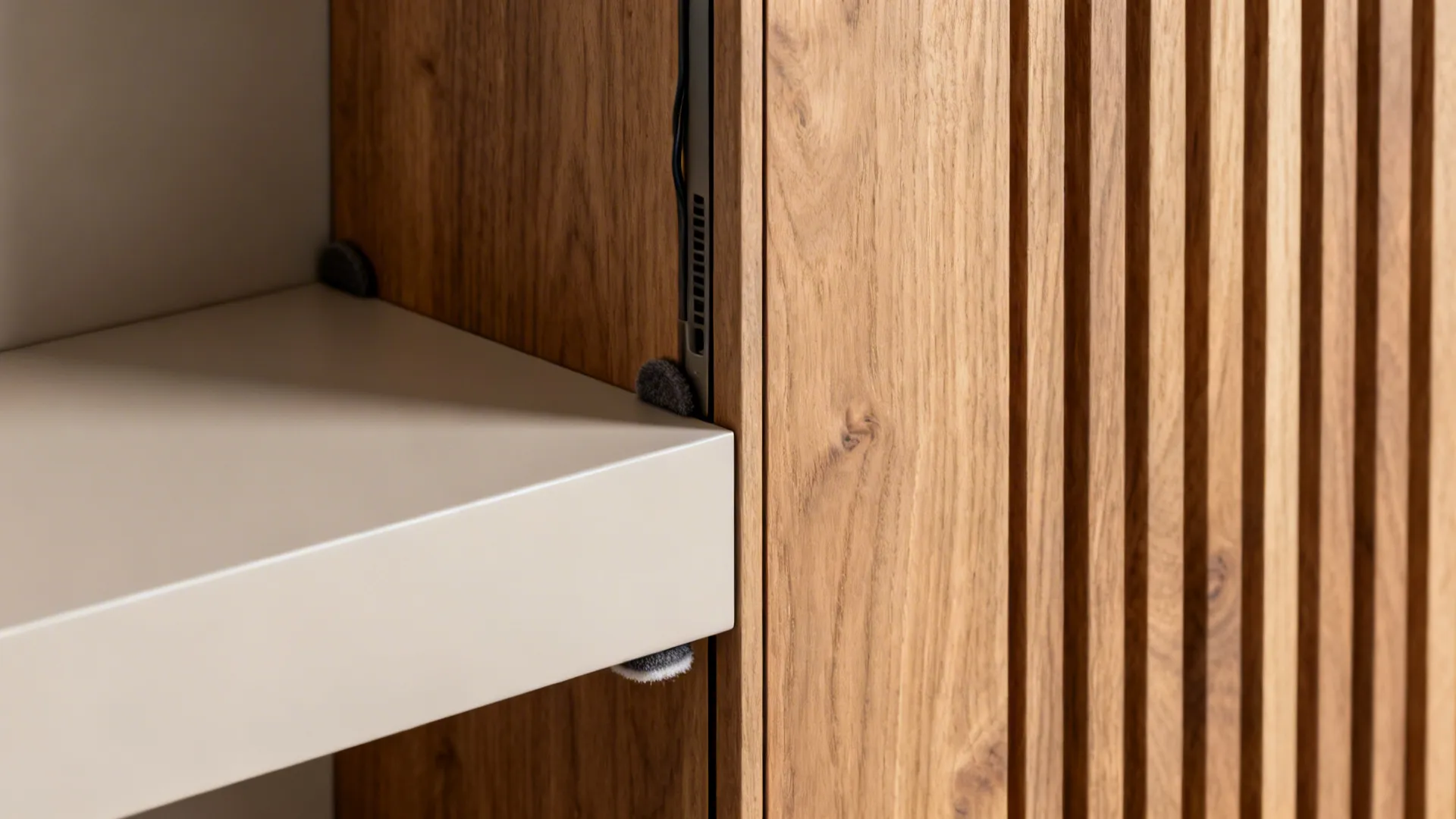 Close-up of matte bench meeting an oak showcase tower with a clean shadow gap and cable channel.
