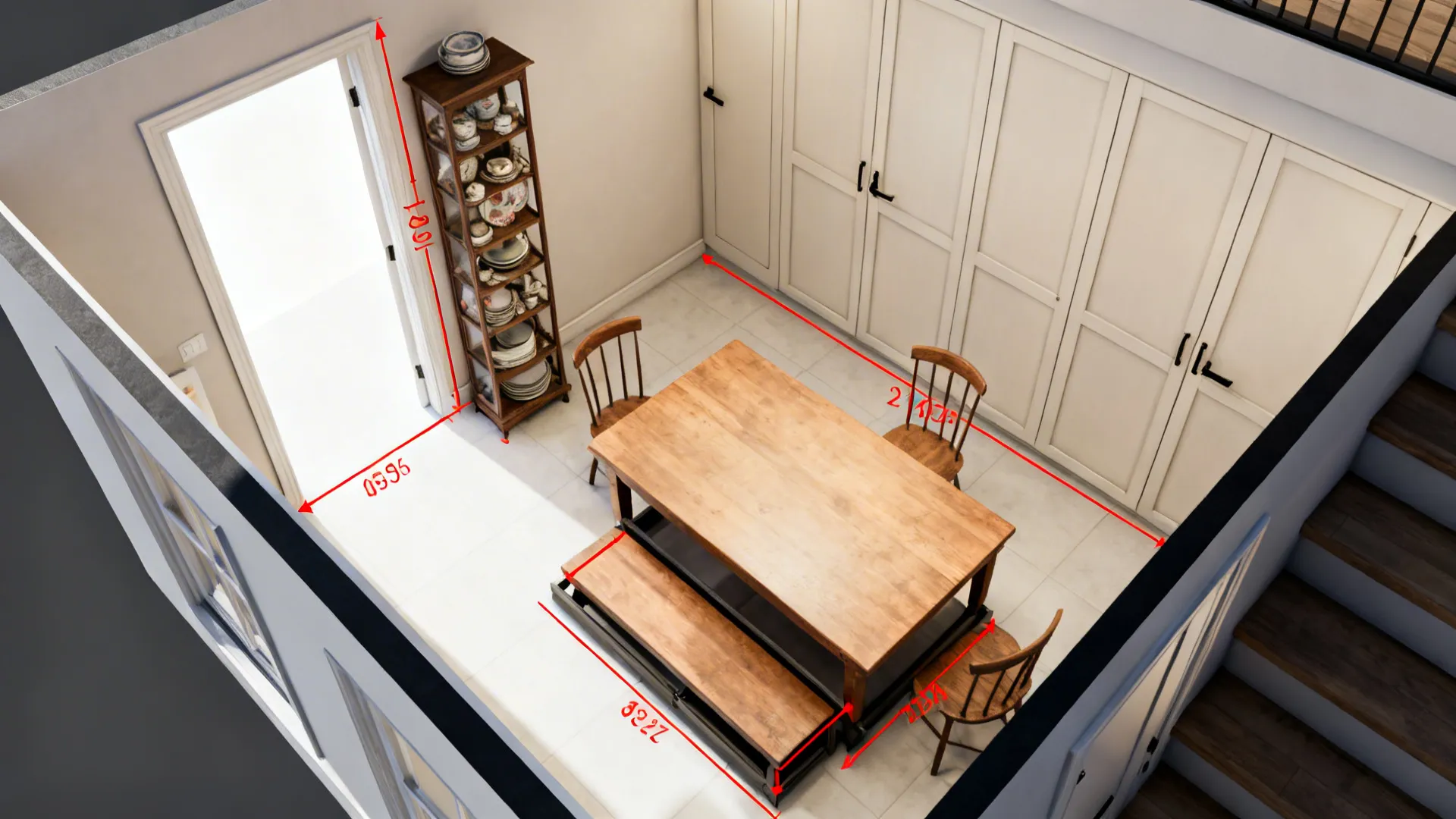 Top-down layout showing narrow china tower placement and bench slide-under clearance.