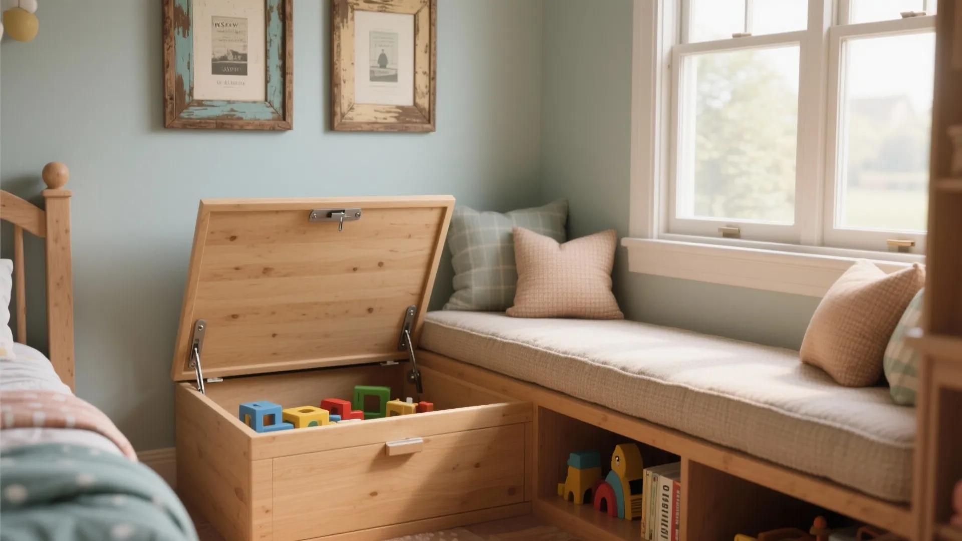 Wooden window seat bench with an open toy storage chest filled with colorful building blocks inside
