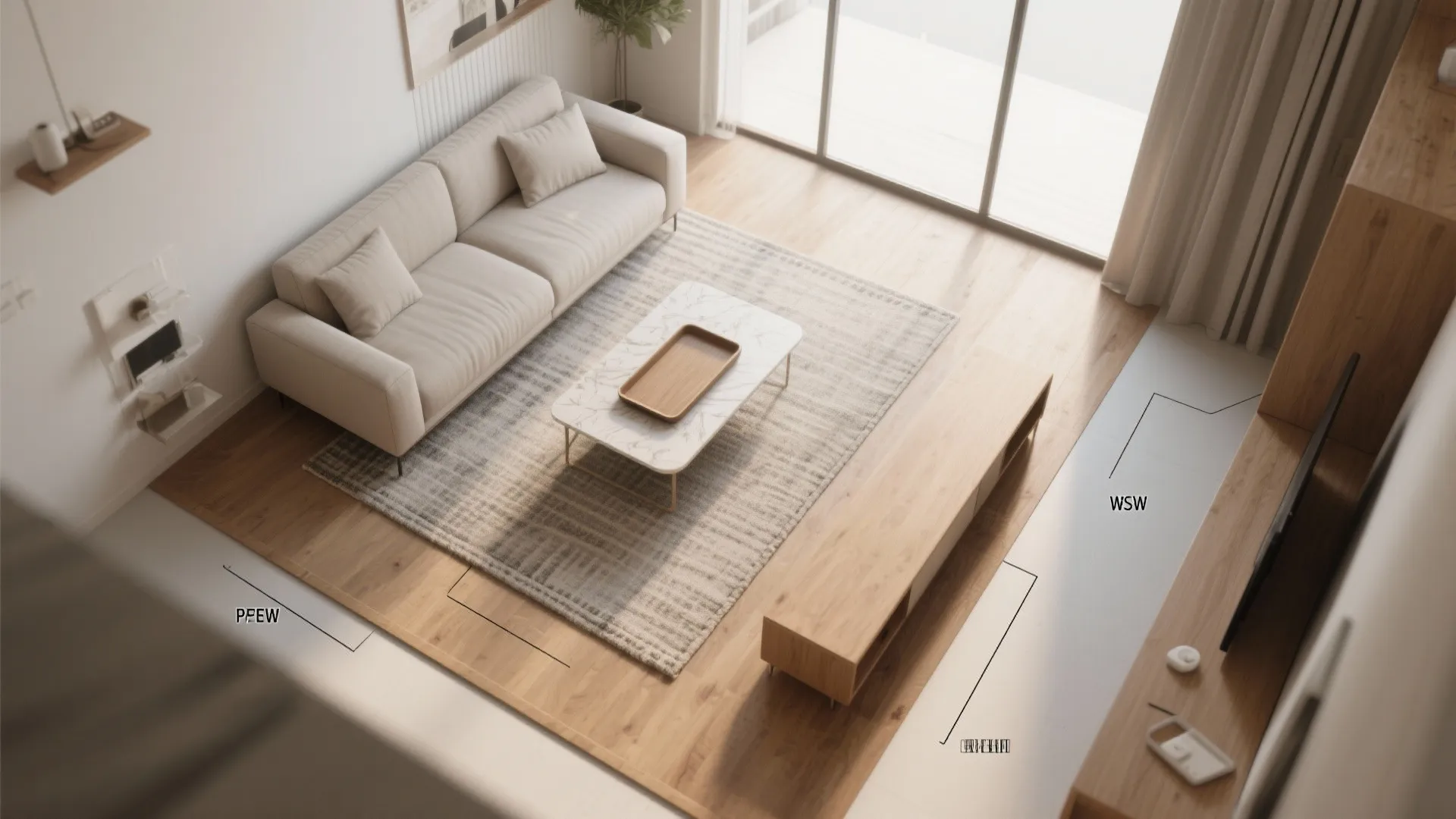Top-down view of a narrow living room layout with a low bench, tray, and clear circulation paths.