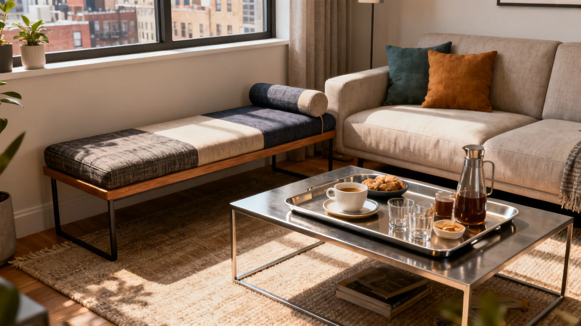 Slim bench-style ottoman against a sofa with a tray-top coffee table set for serving.