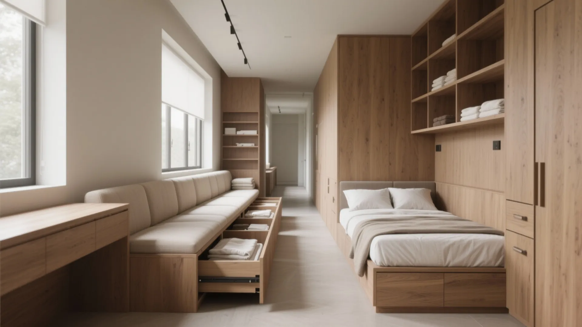 4. Built-in bench storage + trundle — sit, store, and sleep