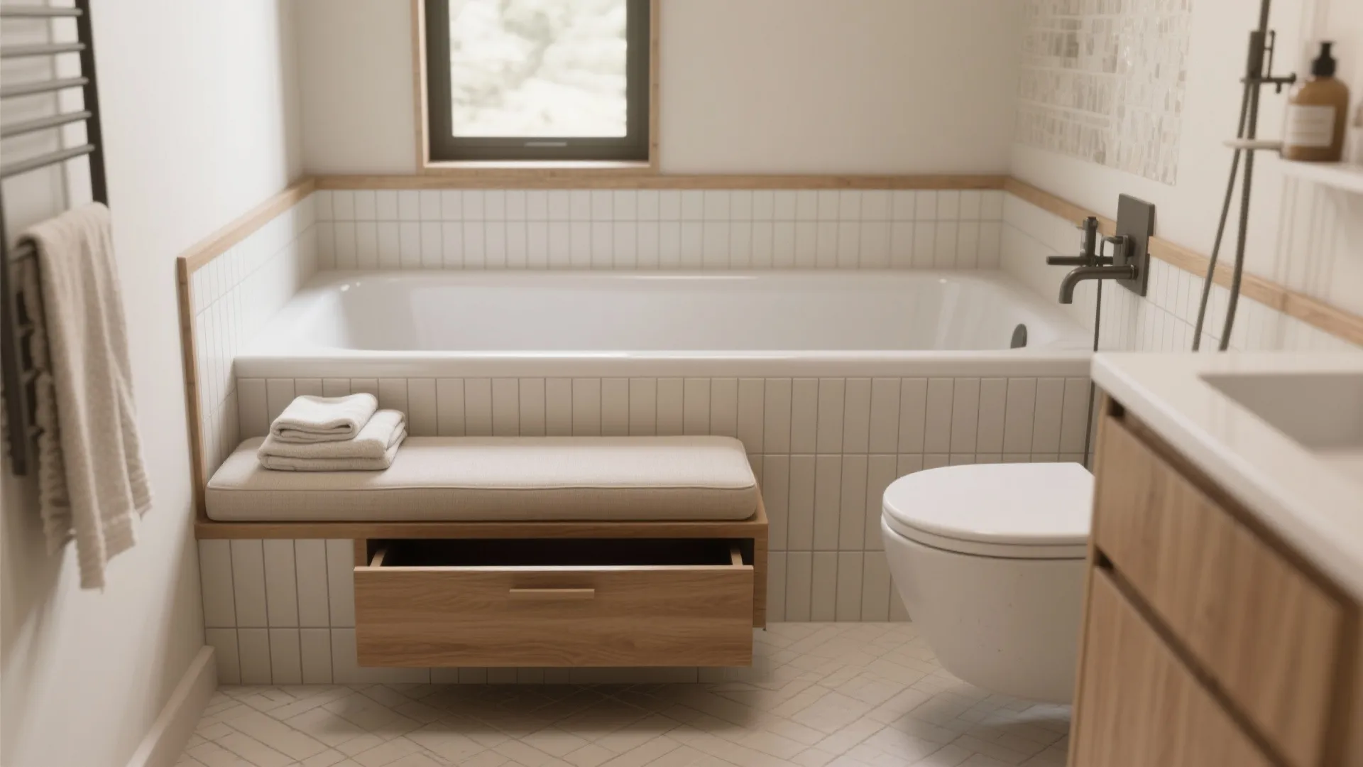 Built-in bench tub with hidden storage and seating in a compact bathroom.