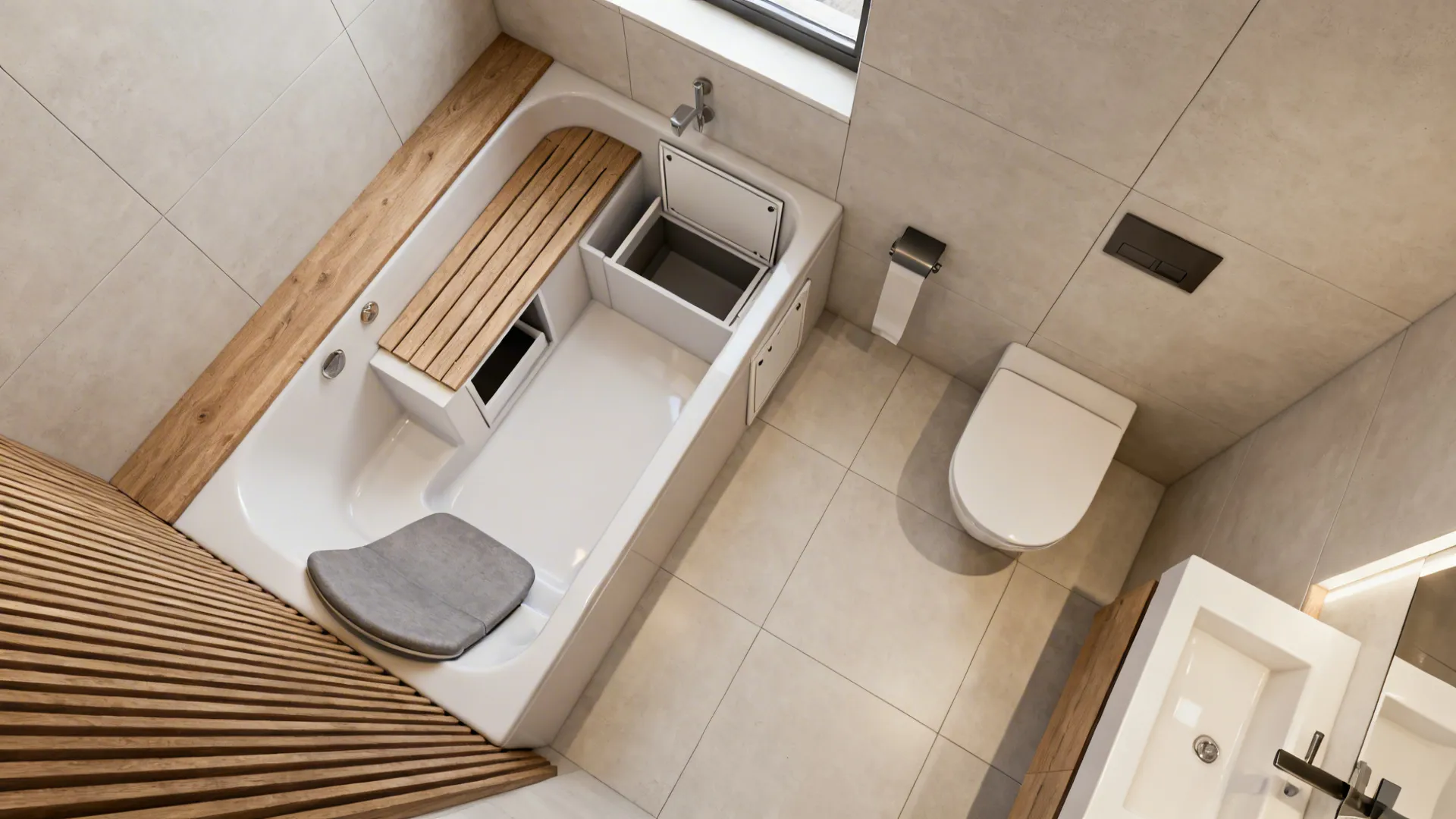 Top-down view of a built-in bench tub with under-seat storage and compact bathroom layout