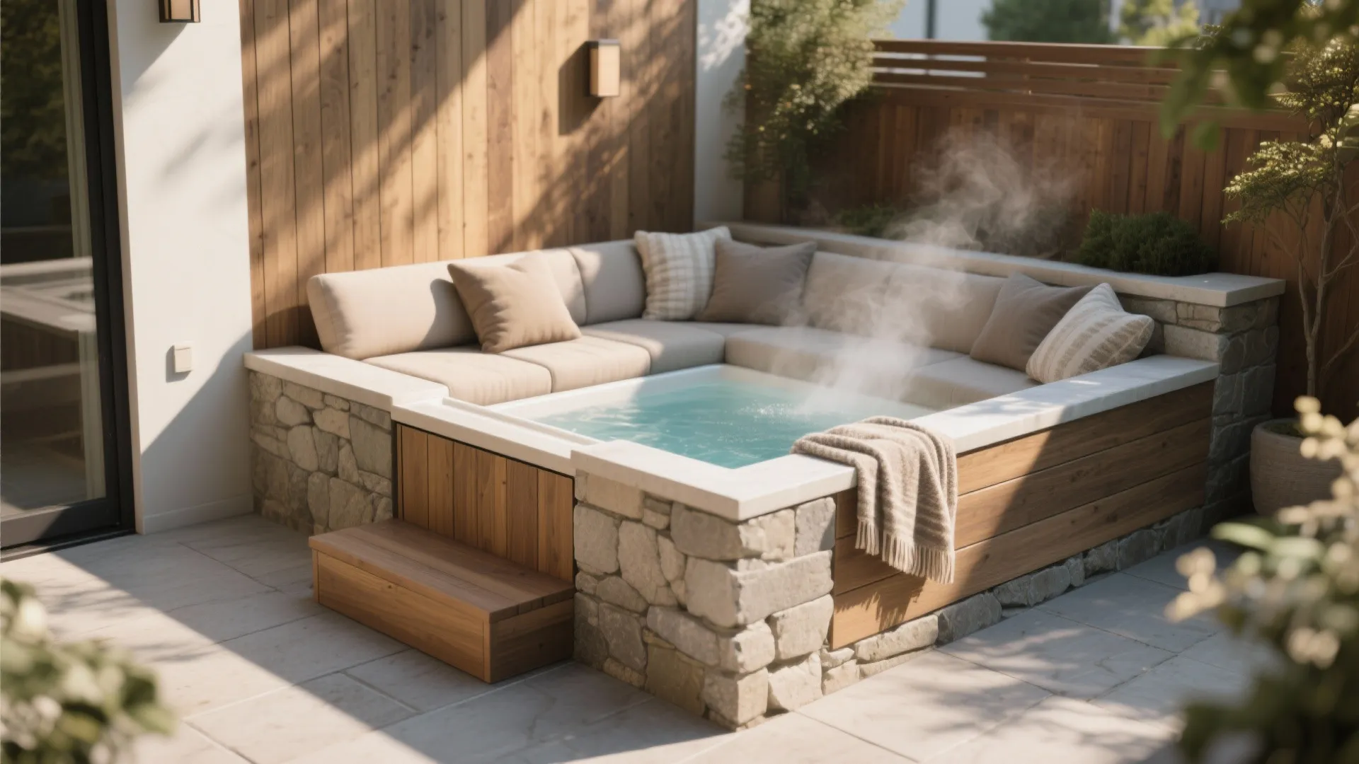 Modern outdoor hot tub with steaming water surrounded by stone walls wood panels and sofa