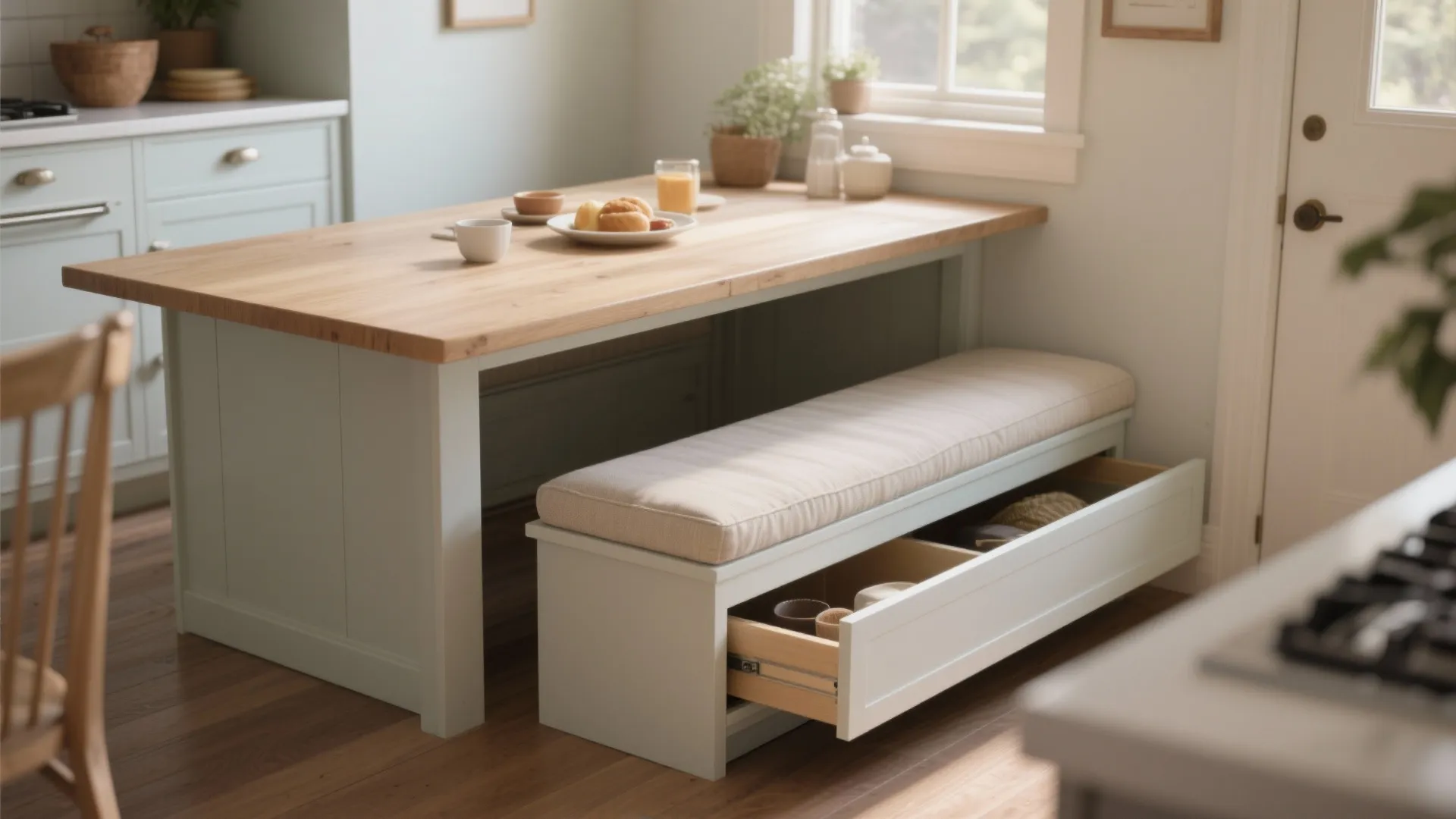 Narrow kitchen nook with a slim bench slid under an oblong table revealing hidden storage and clean lines.