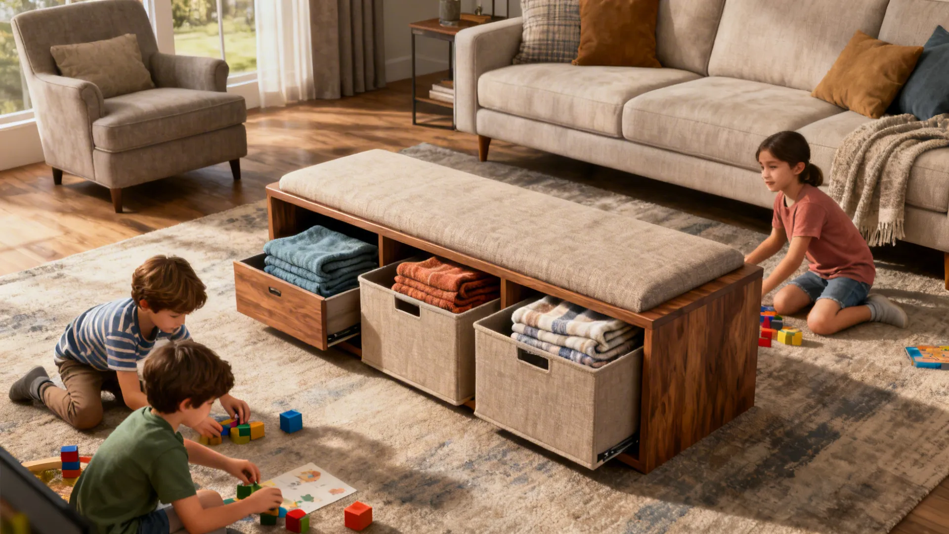 Children playing on rug near wooden footrest storage bench with drawers in cozy living room