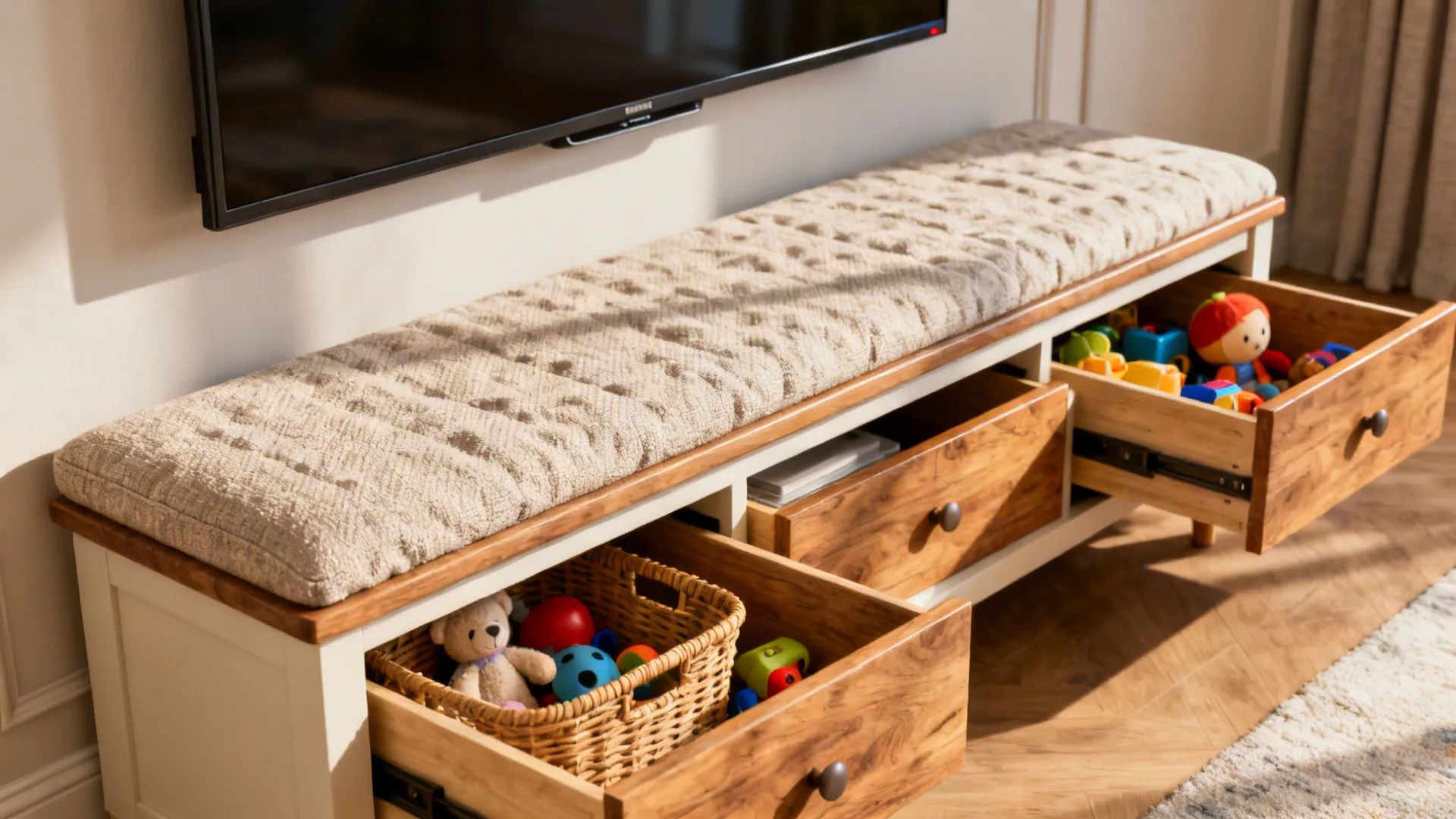Multi-functional bench-style TV stand with lift-up seats and drawers, used for seating and hidden storage.