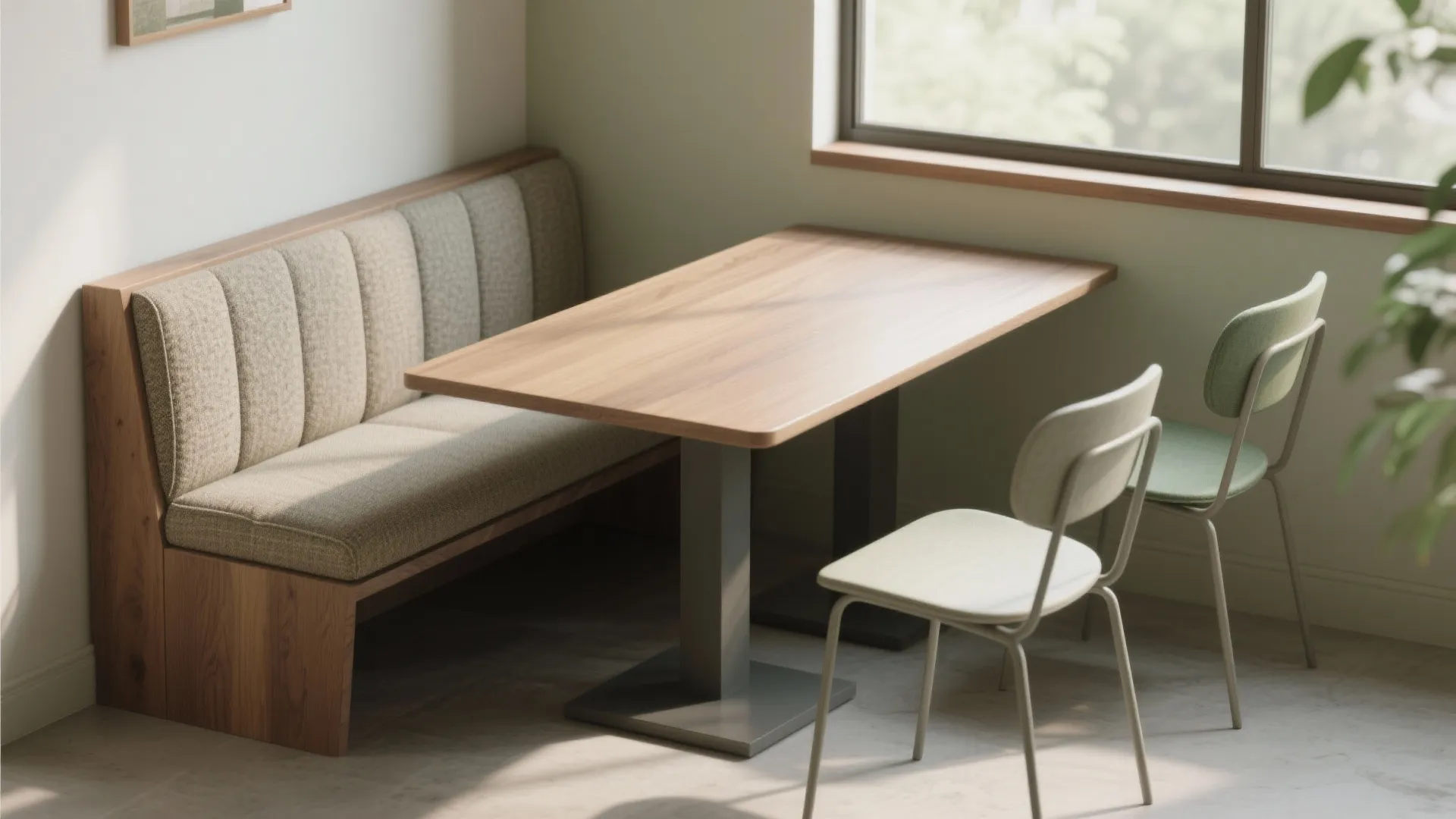 Wooden dining table with a built-in bench and two small chairs in a bright room