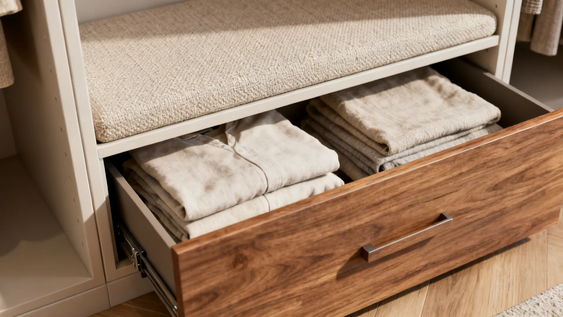 Slim built-in bench with under-seat drawers holding linens and baskets.