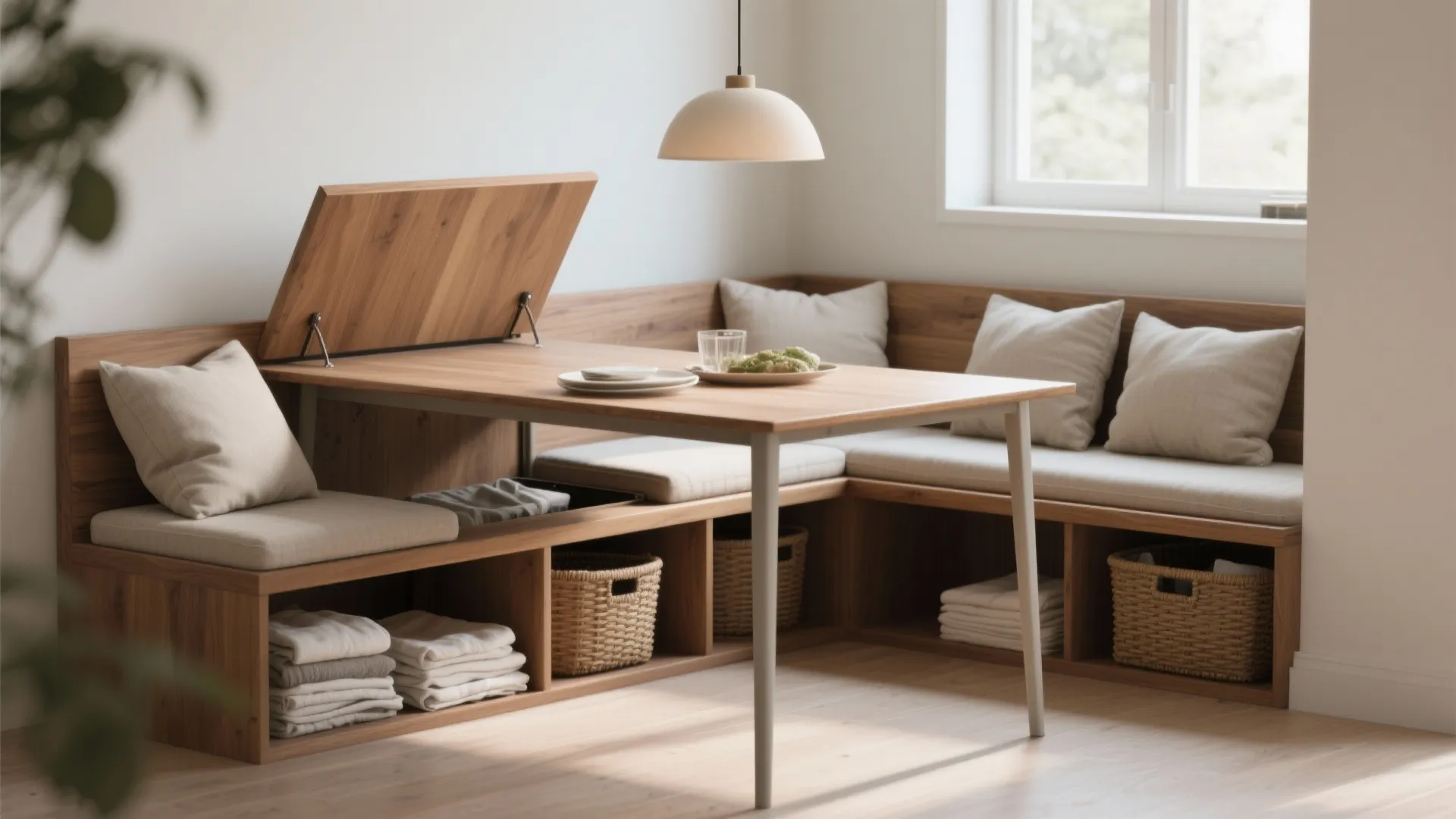 Cozy bench seating with lift-up cushions revealing organized under-seat storage.