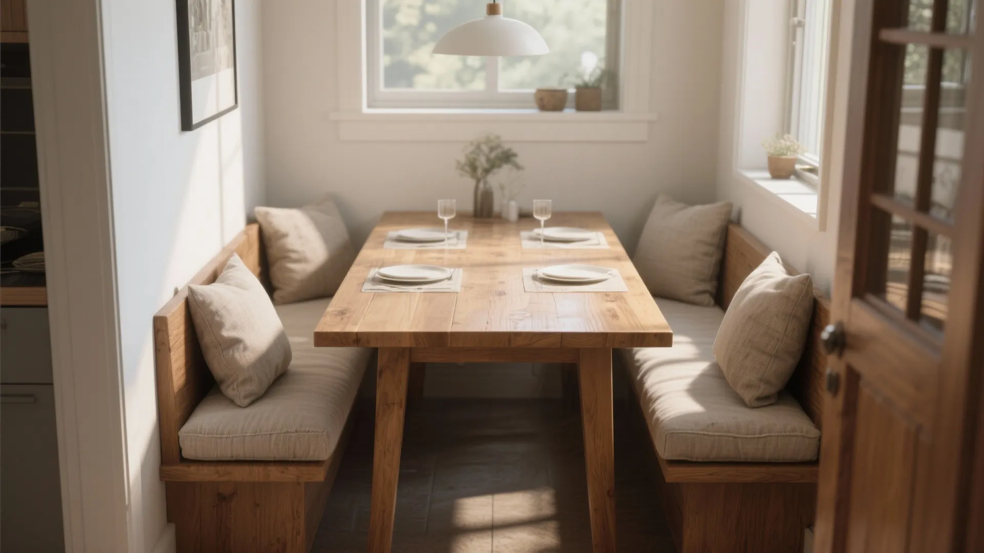 Wooden dining table with built-in bench seating and beige cushions in a bright sunlit room