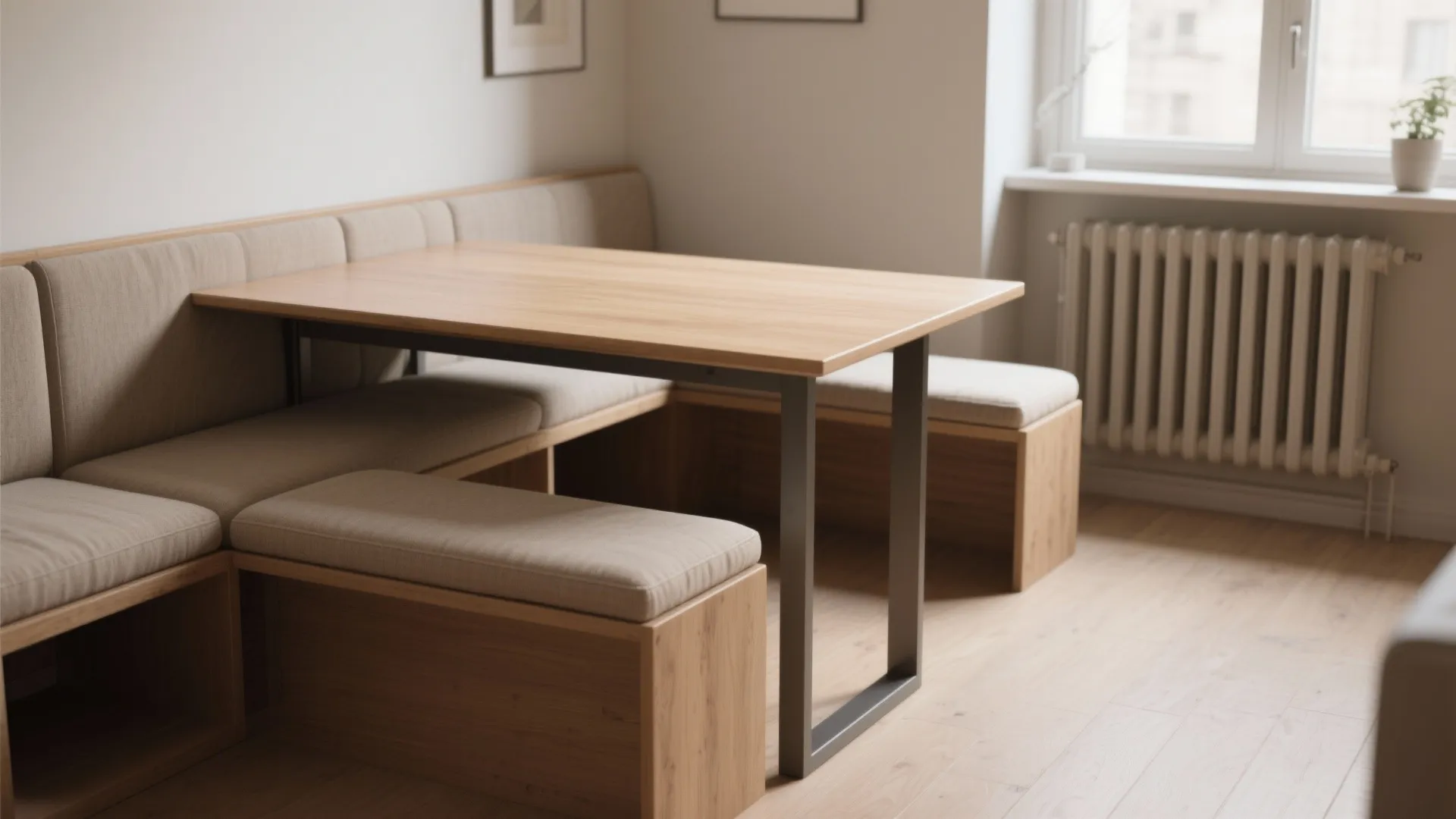 Modern wooden dining table with built-in corner bench seating and soft cushions in light room
