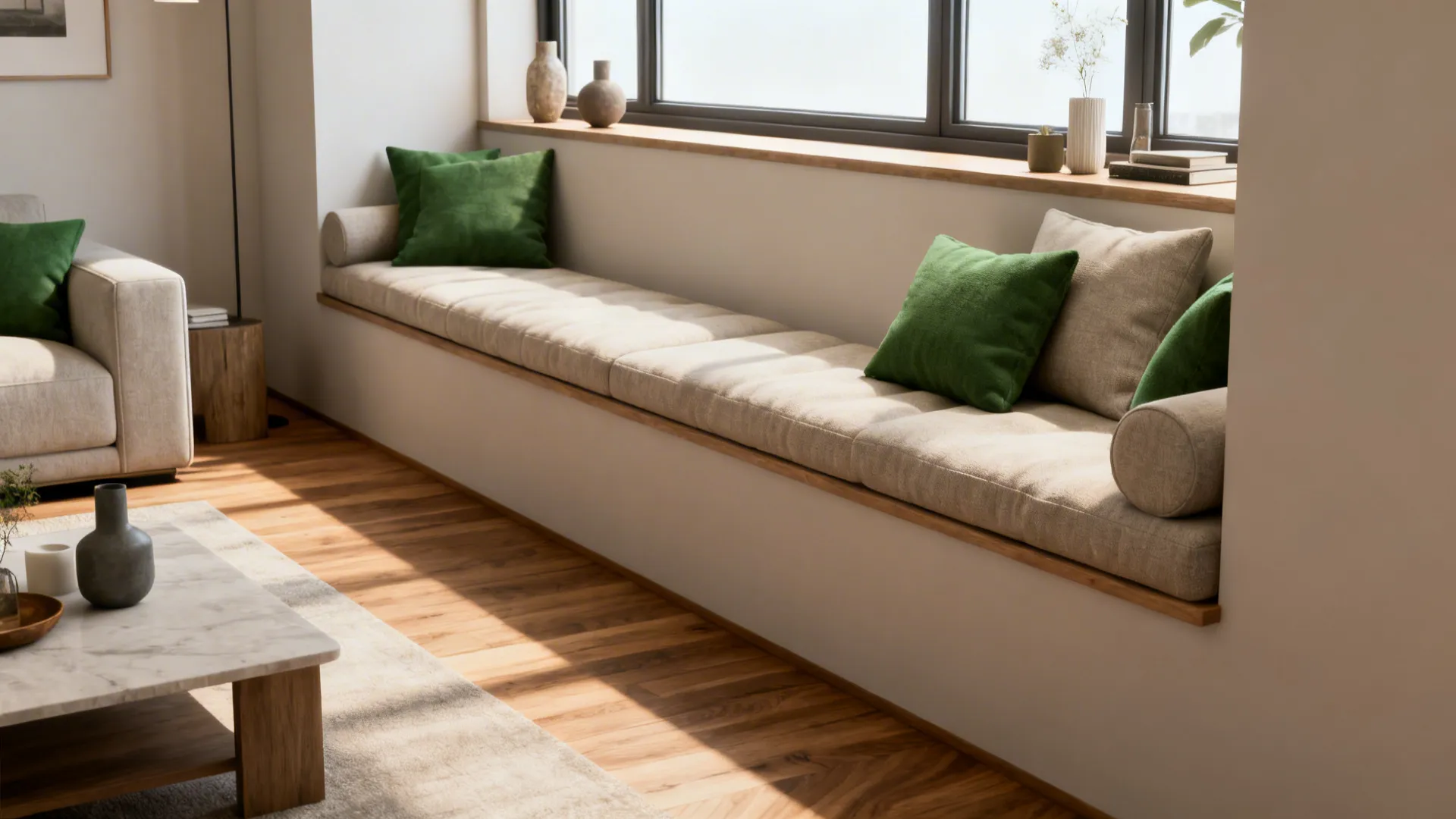 Studio living area with an upholstered bench under the window used for seating and display