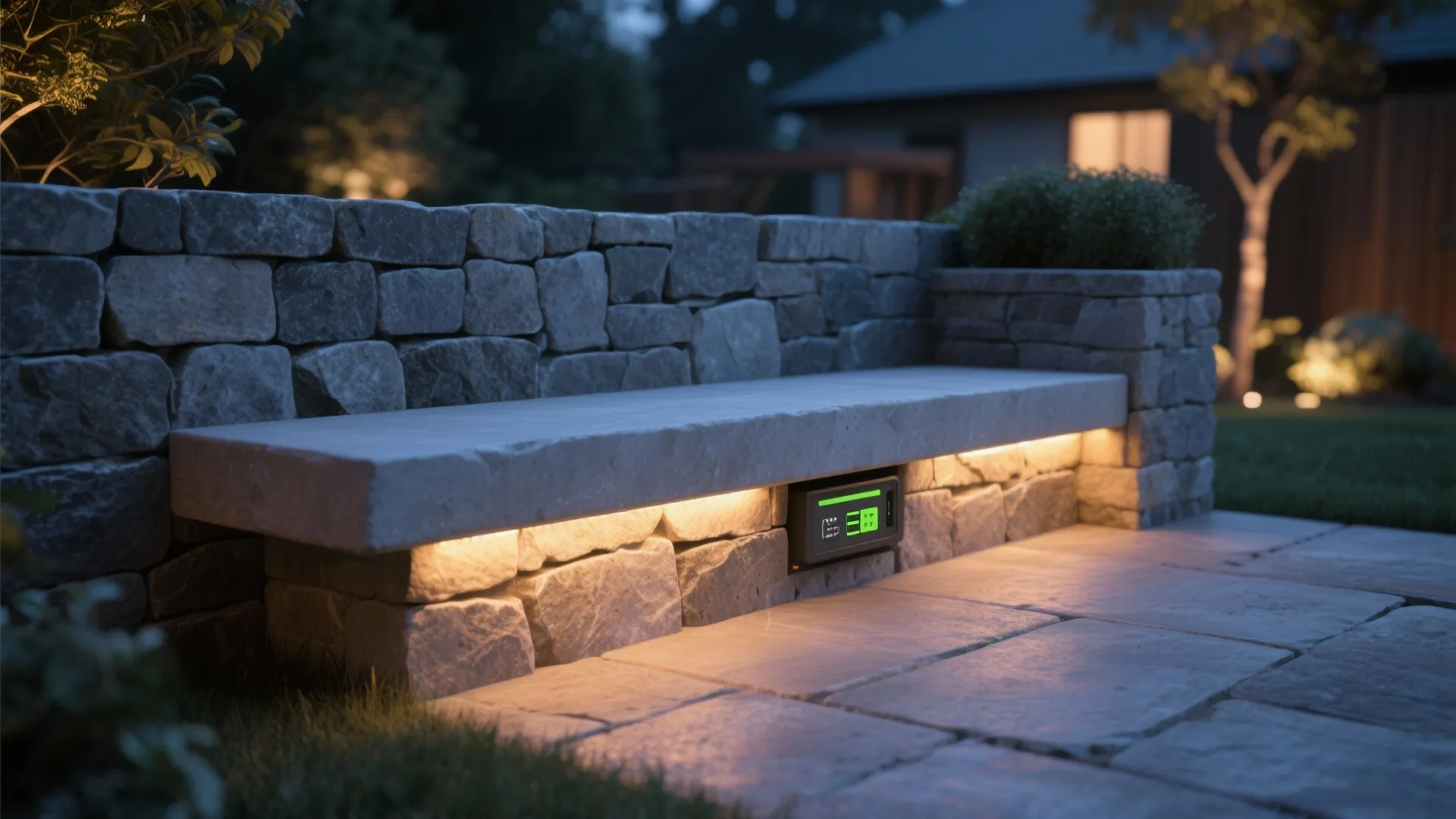 Outdoor stone bench with warm yellow light strips installed underneath on a paved backyard patio