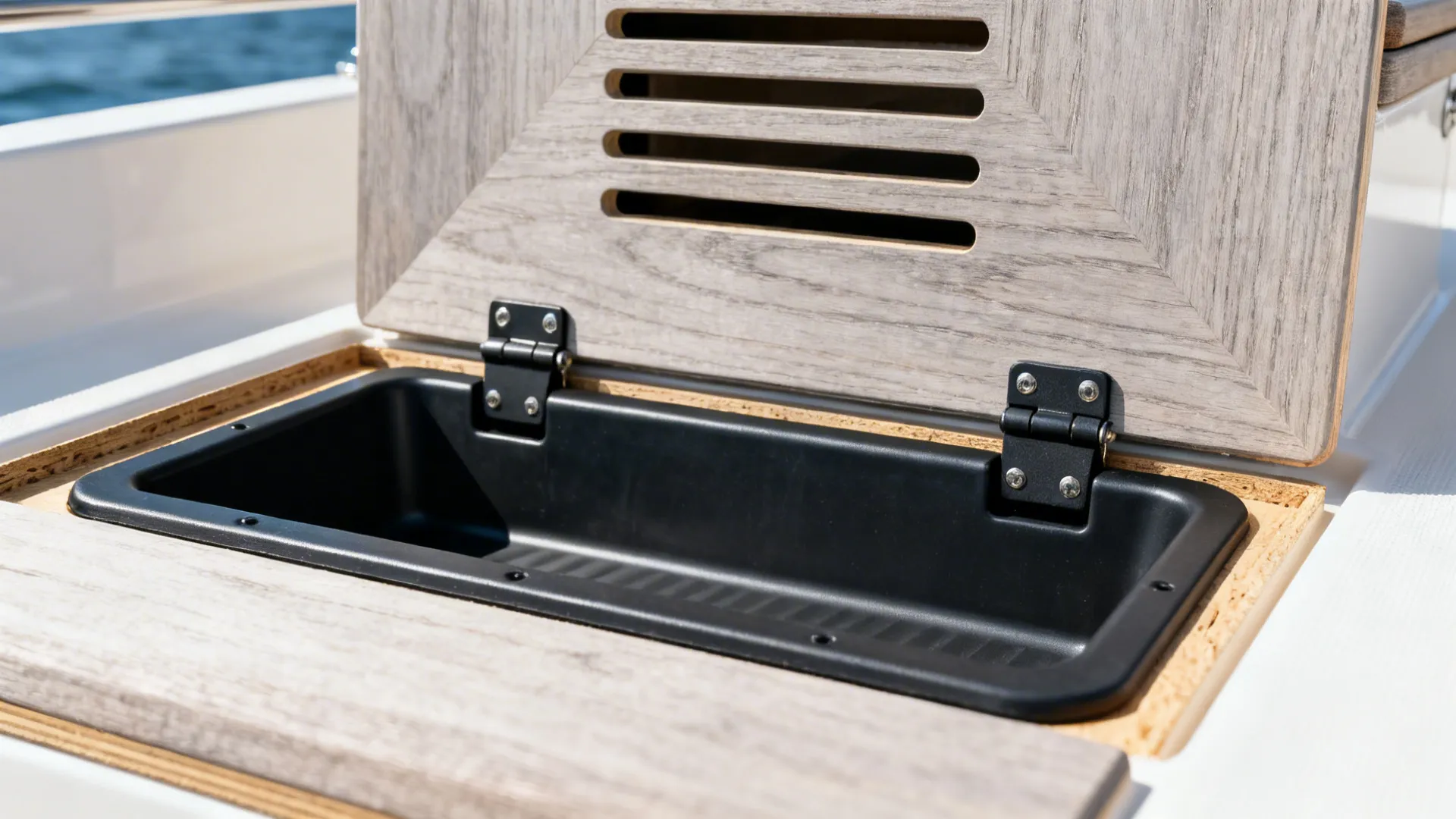 Macro of bench bay vent slots, hinge, and removable ABS drain pan.