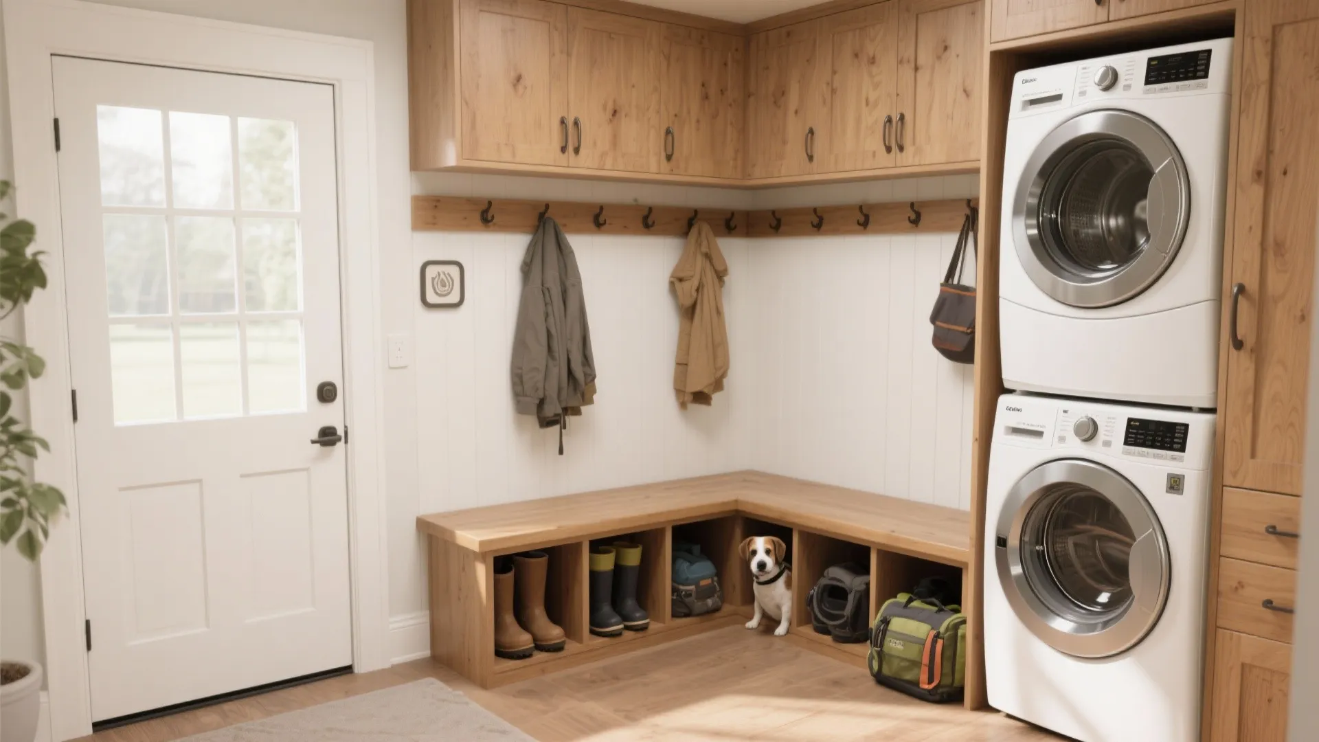 L-shaped mudroom with wooden bench stacked washing machines wall hooks cabinets and a small pet dog