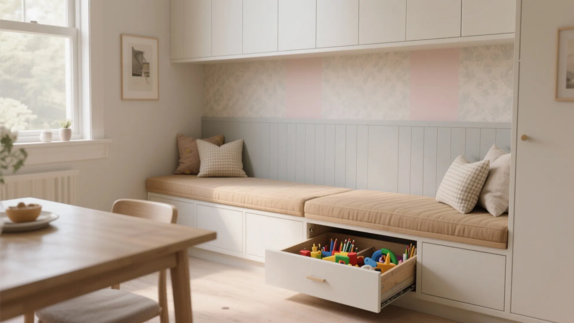 2. Bench seating against the wall