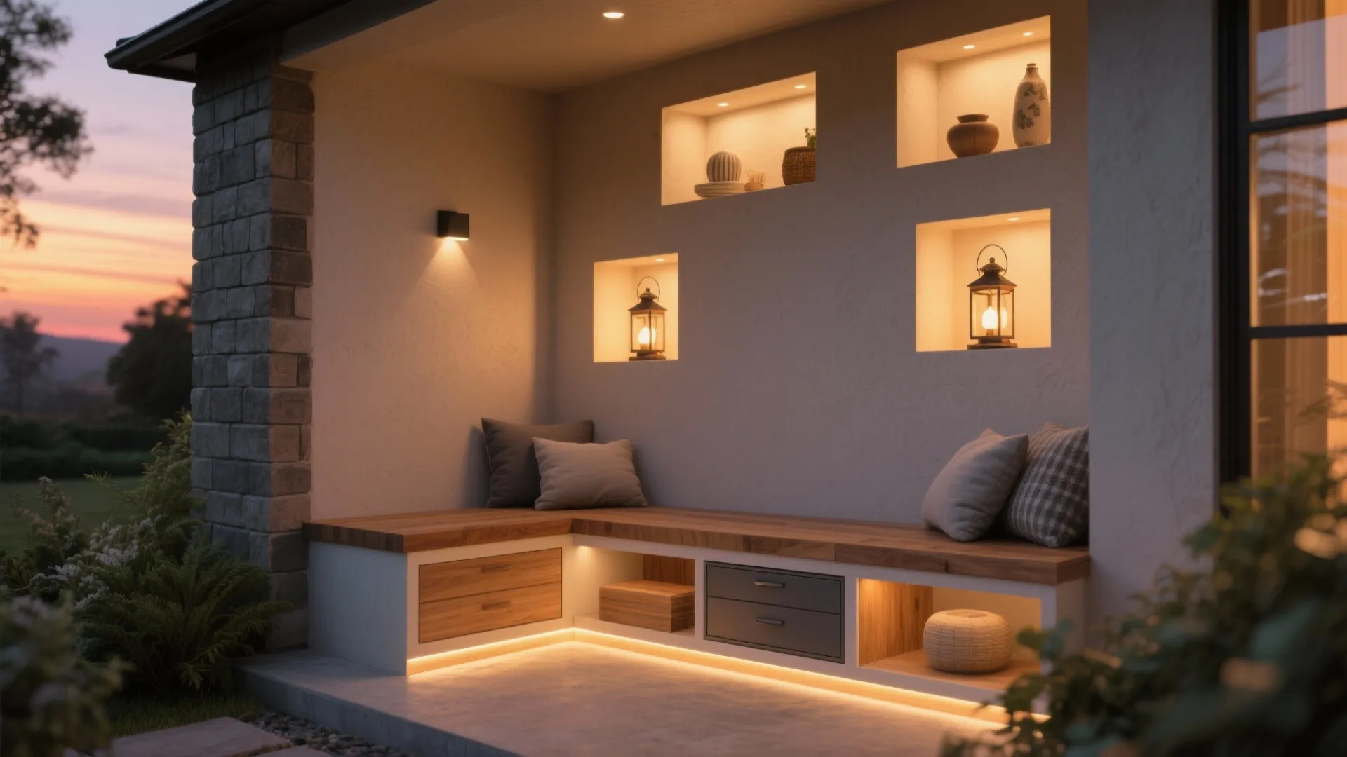 Built-In Bench Wall with Niches and Lights