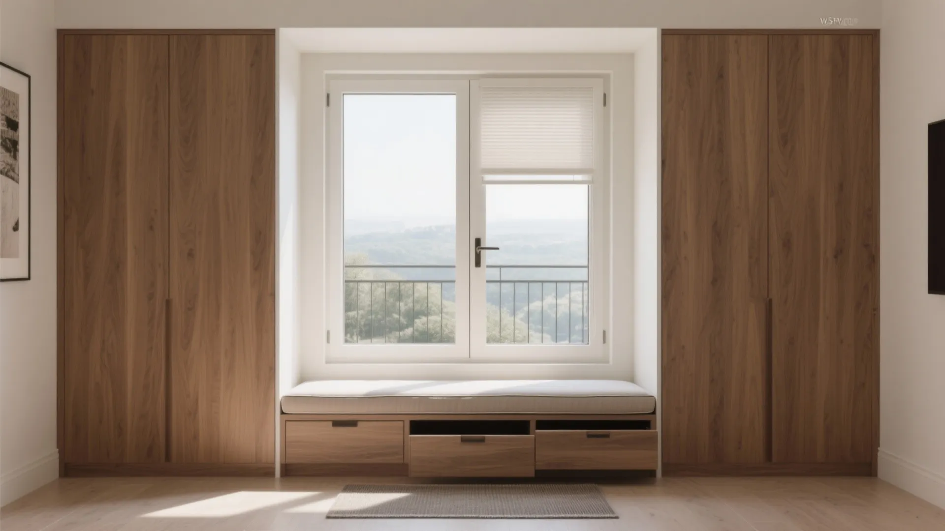 Wood bedroom wall cabinets featuring a built-in window seat with storage drawers and soft lighting