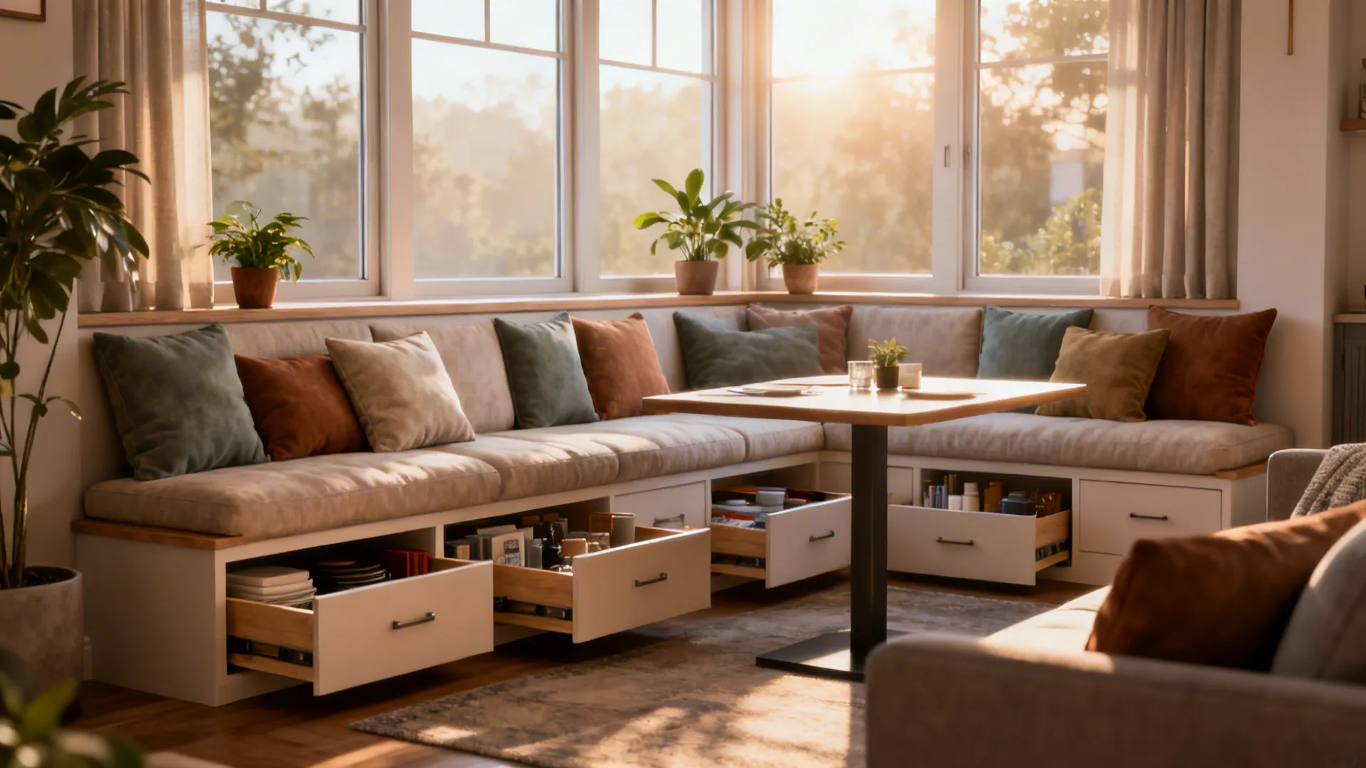 Built-in bench seating along a window with cushions and storage, paired with a small dining table.