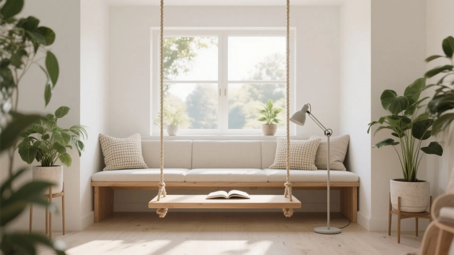Bright window nook with wooden bench pillows green plants and a simple wooden plank swing