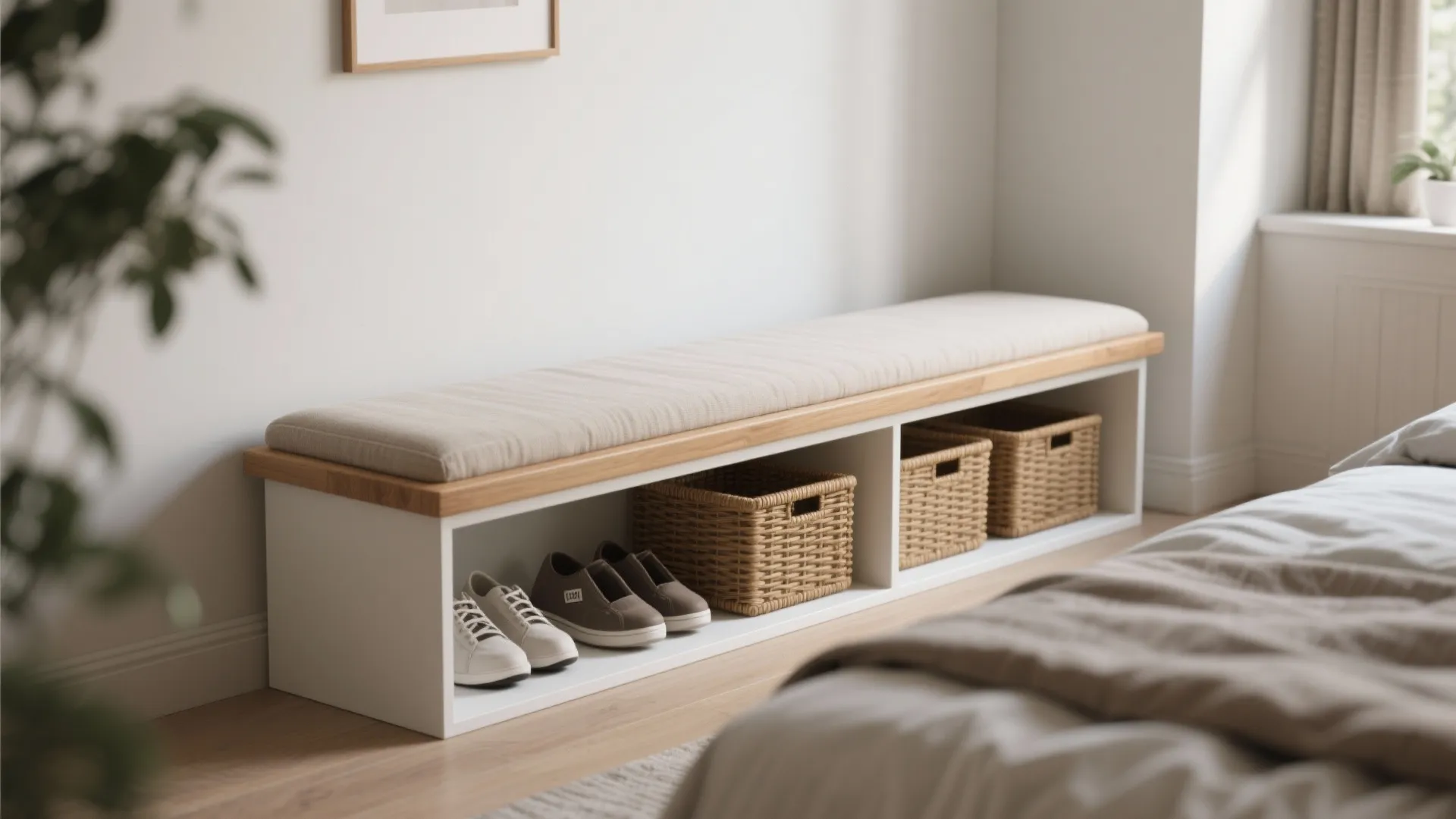 4. Narrow bench with integrated shelving