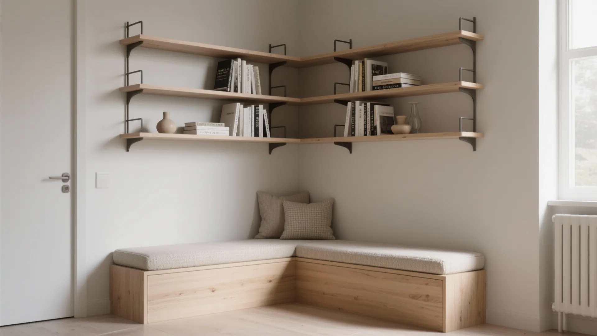 Built-in bench with adjustable open shelves above for books and display in a small living room.