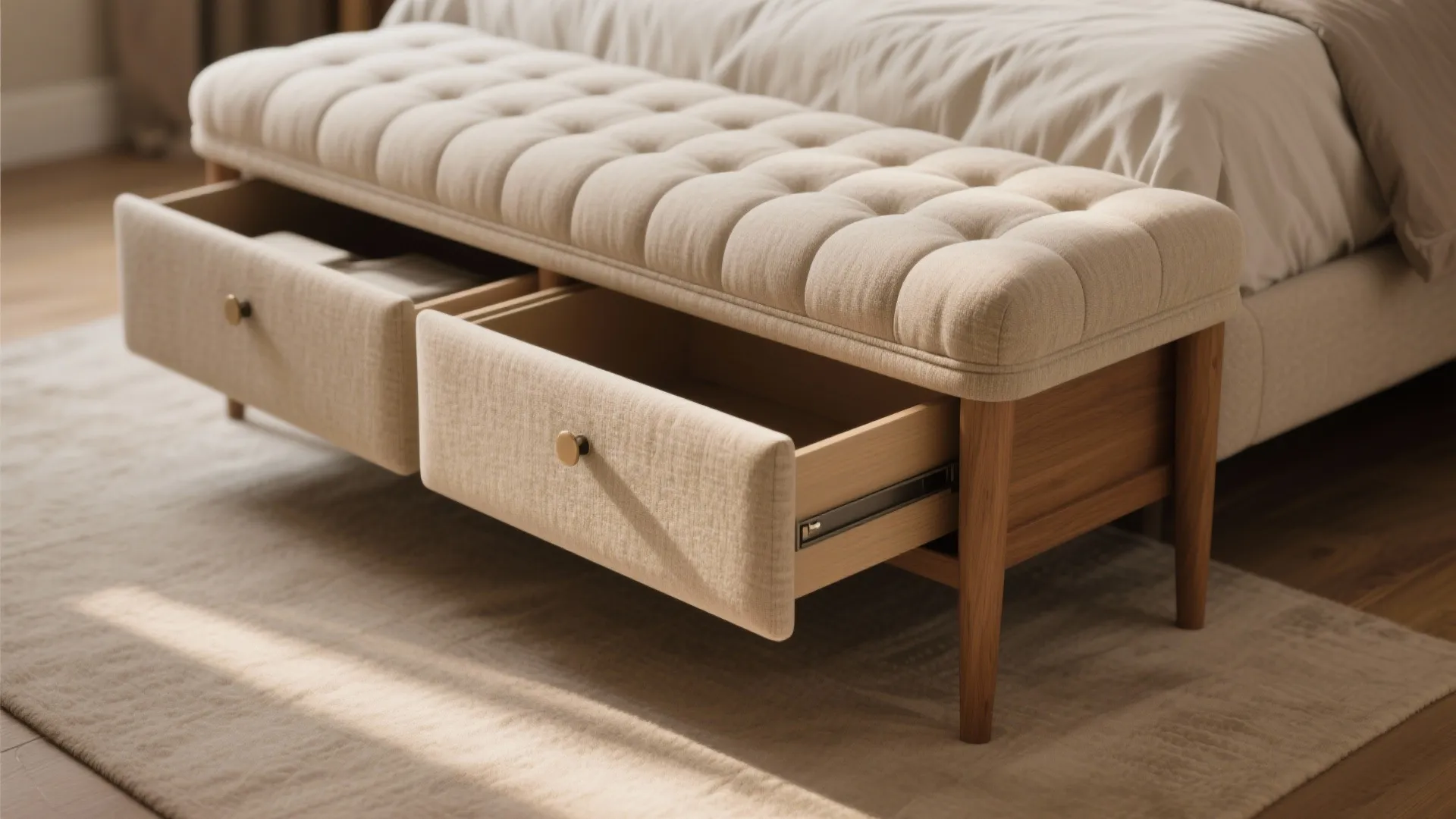 Upholstered bench with hidden drawers at bed’s foot
