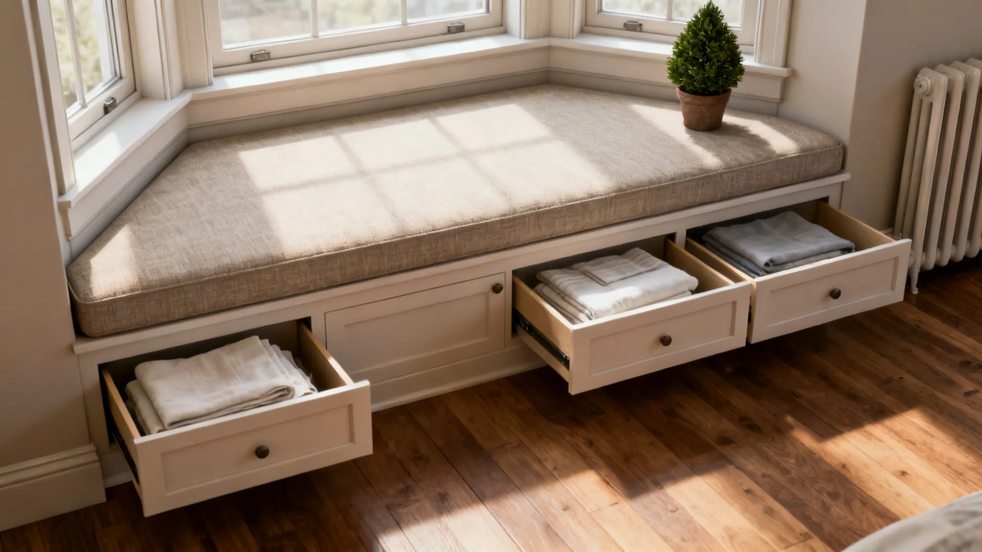 Shallow upholstered bench with built-in drawers across a bay window, neutral textiles and storage.