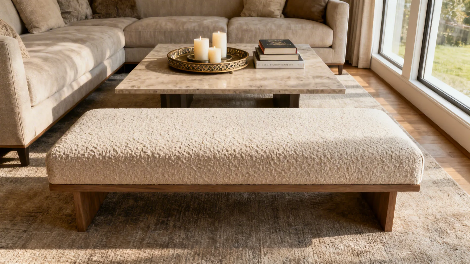 Low bench in front of a sofa with a decorative tray, illustrating a low-profile focal surface.