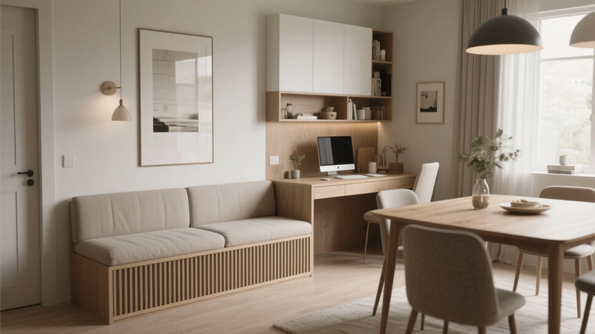 Built-in dining bench with narrow desk behind for workspace