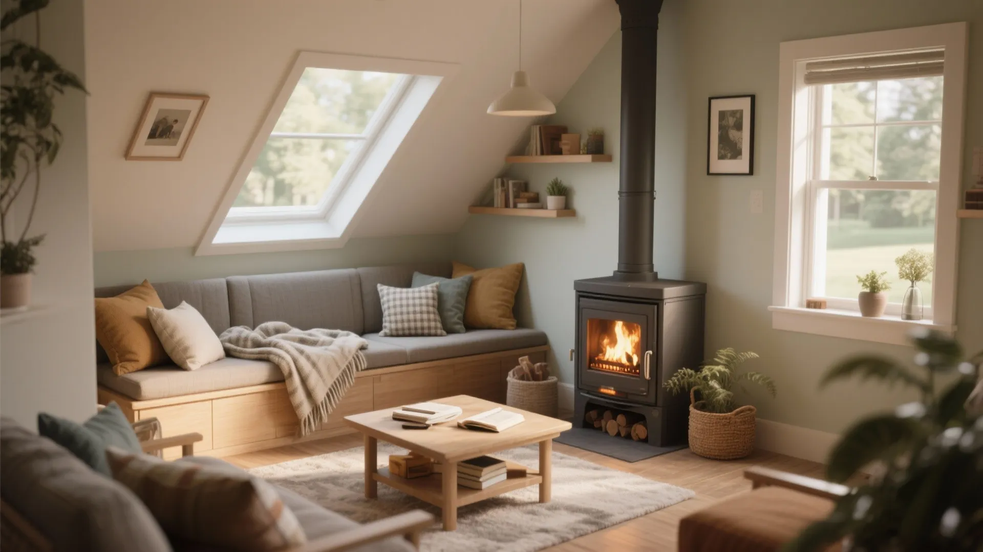 Cozy attic room with wood burner fireplace build in bench roof window and wooden furniture