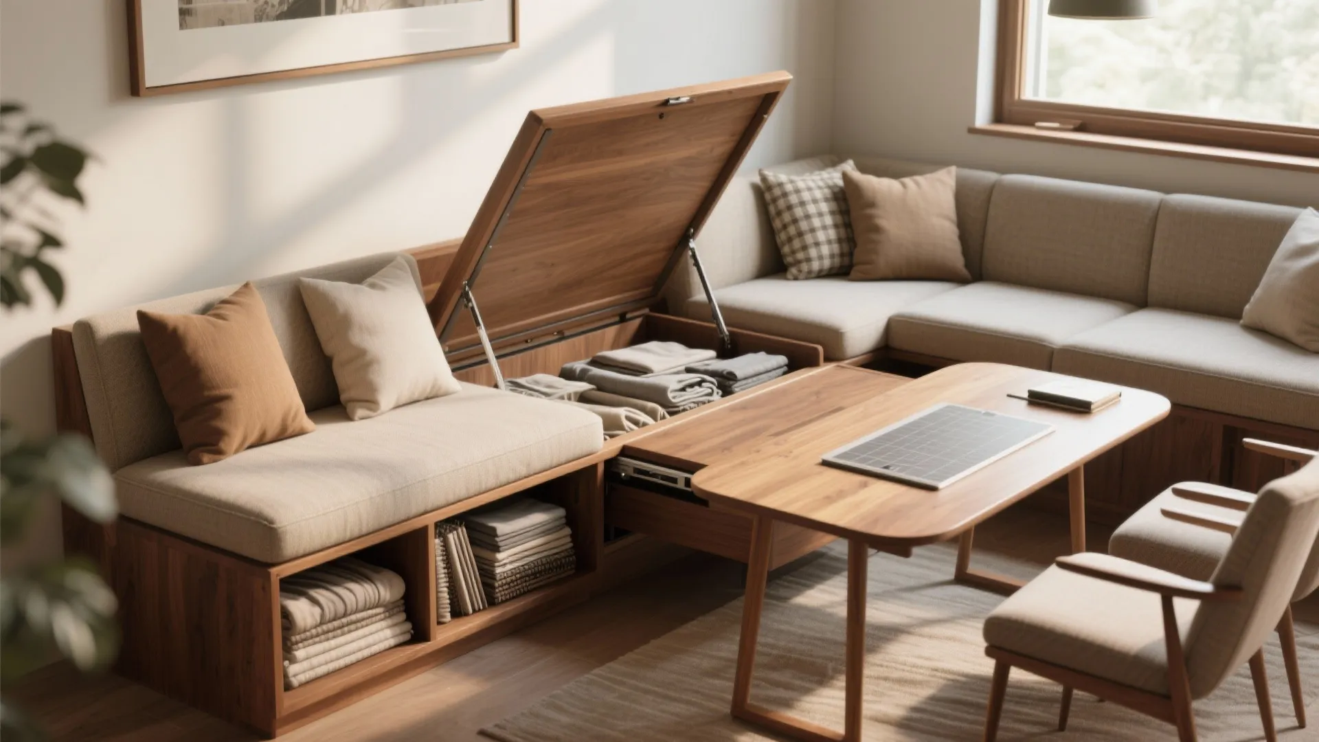 Modern living room corner with a wooden storage sofa bench wooden table and natural light